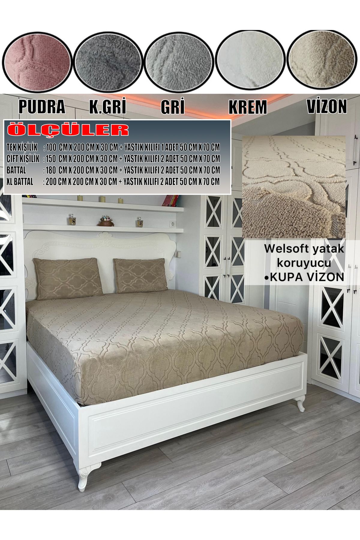 KILIFSAN Welsoft Vizon Renk Desenli Lastikli Yatak Örtüsü ve Yanında Yastık Kılıfı Hediyesi 180X200X30 CM.