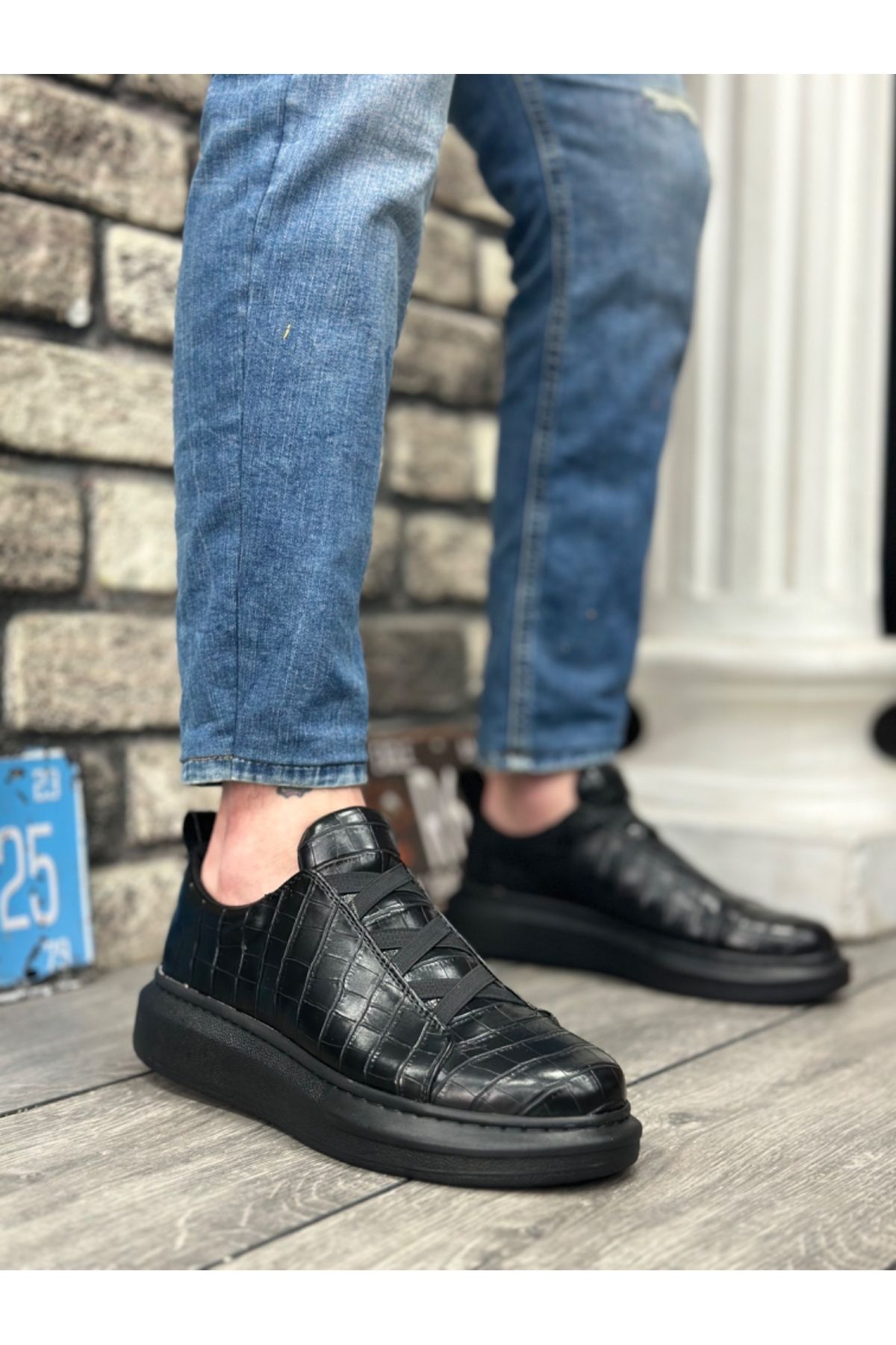 BOA-BA0134 BOA Thick High Sole Patterned Cross Band Black Men's Shoes 1