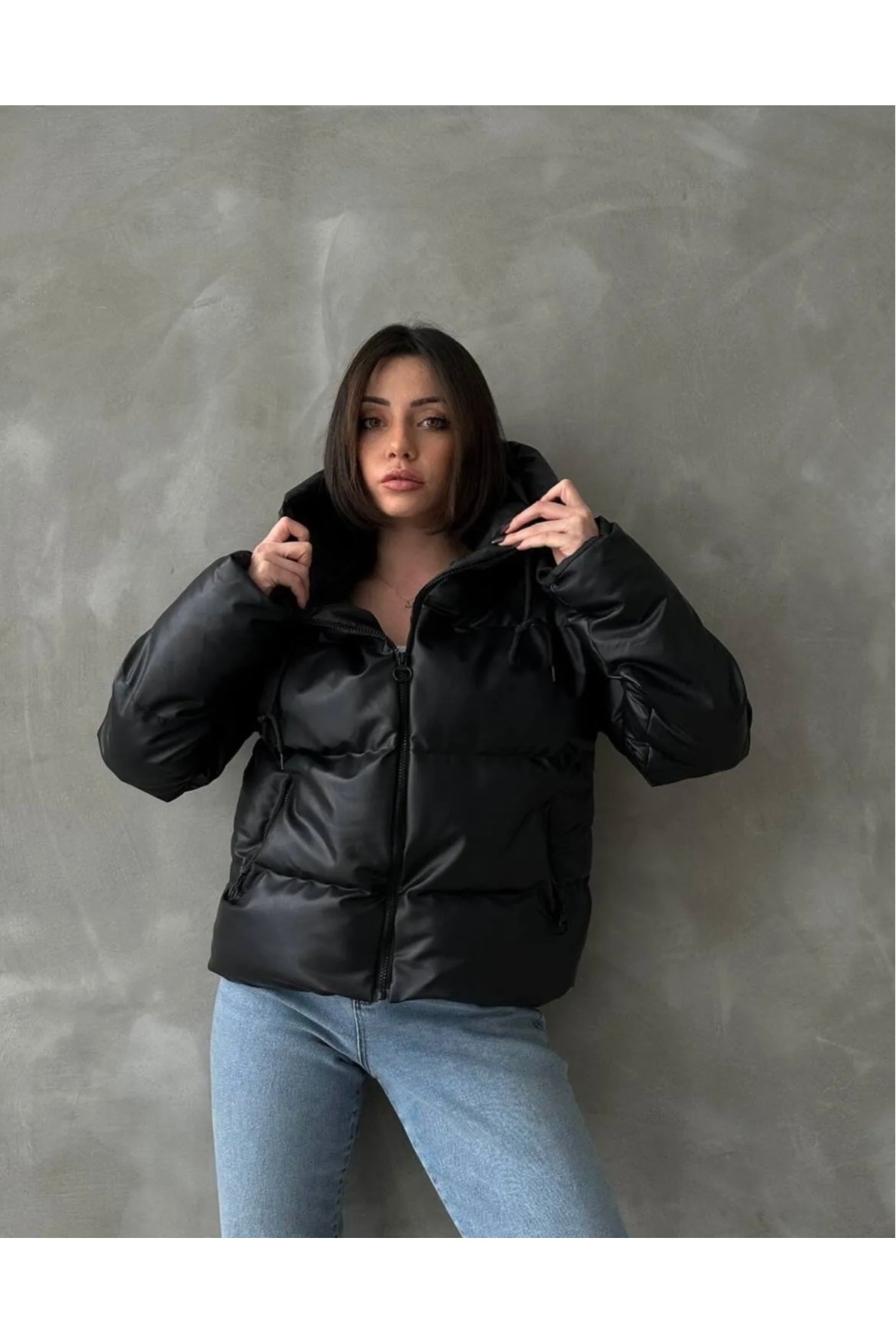 Ekim Store Siyah Kapüşonlu Şişme Deri Mont görsel 4