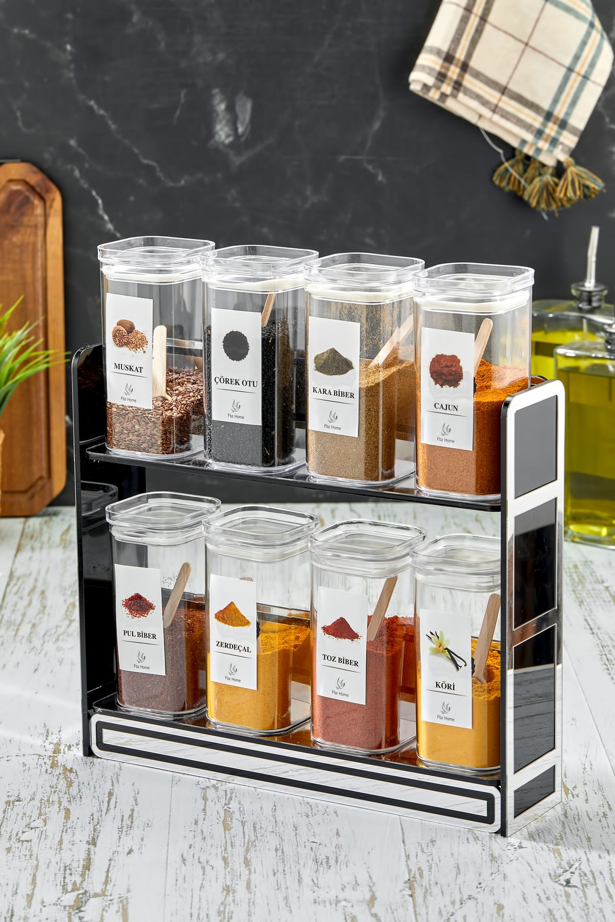 FBZhome-Spice Rack with Label and Stand Set of 8 300 ml Acrylic Storage Containers (with Spoon Gift) 2