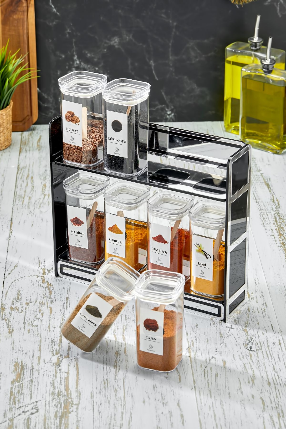 FBZhome-Spice Rack with Label and Stand Set of 8 300 ml Acrylic Storage Containers (with Spoon Gift) 4