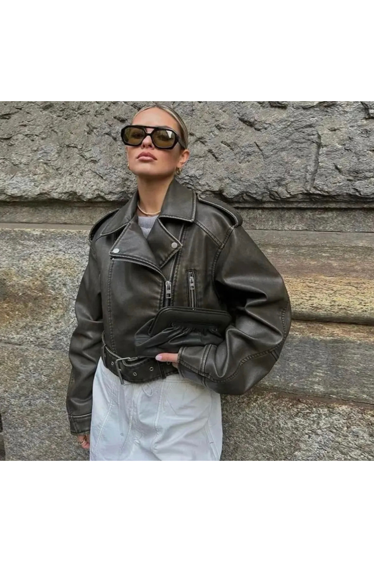 Ekim Store  Haki Oversize Kemerli Fermuarlı Deri Ceket - Görsel 2