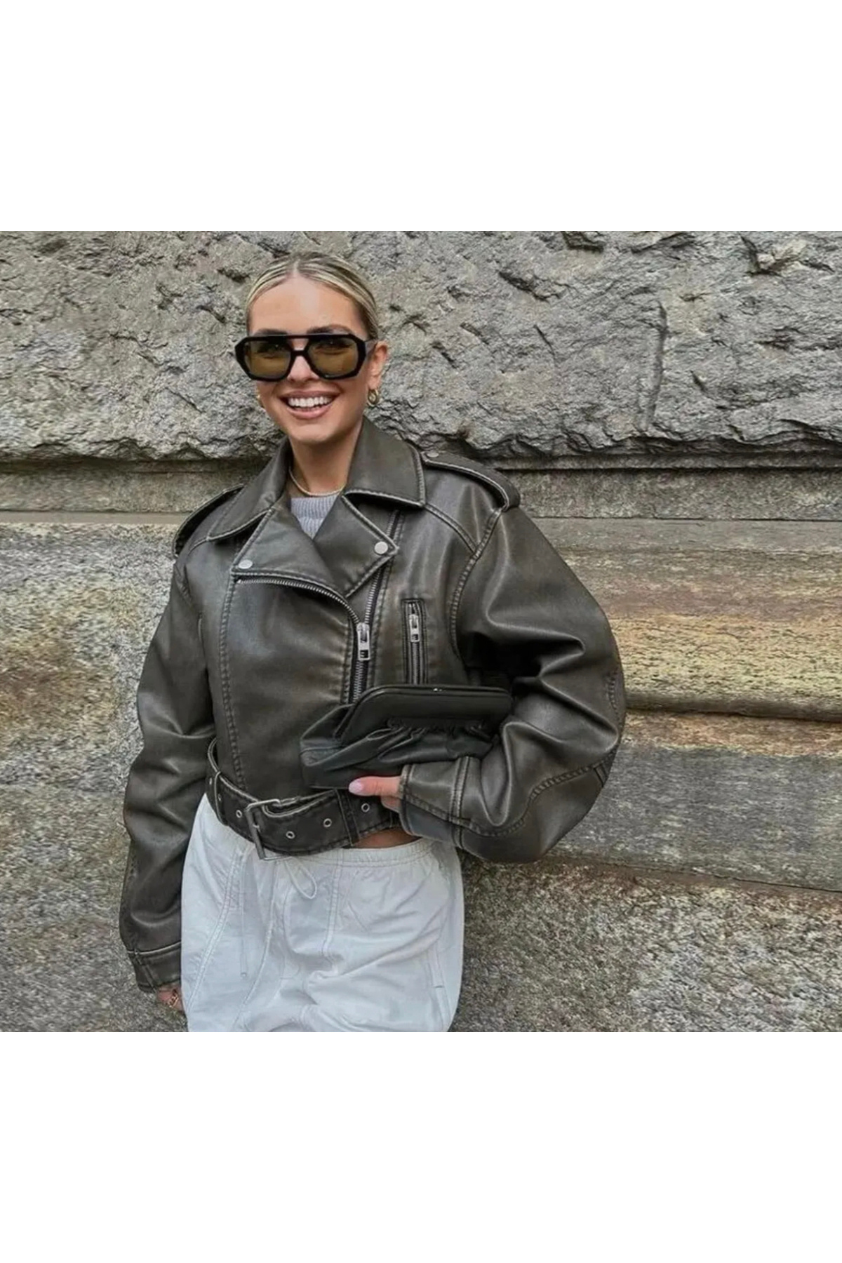 Ekim Store  Haki Oversize Kemerli Fermuarlı Deri Ceket - Görsel 3