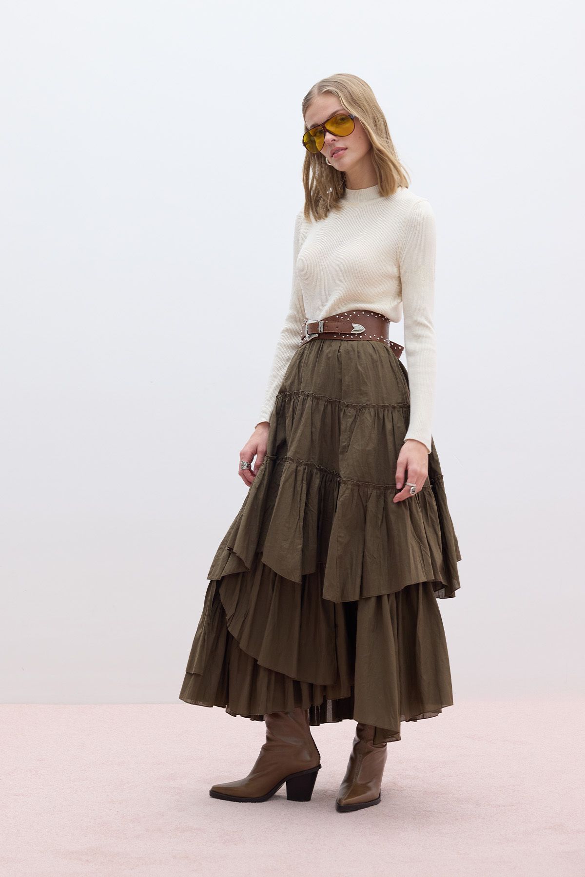 Manuka-Khaki Color Folded Boho Voile Skirt 4