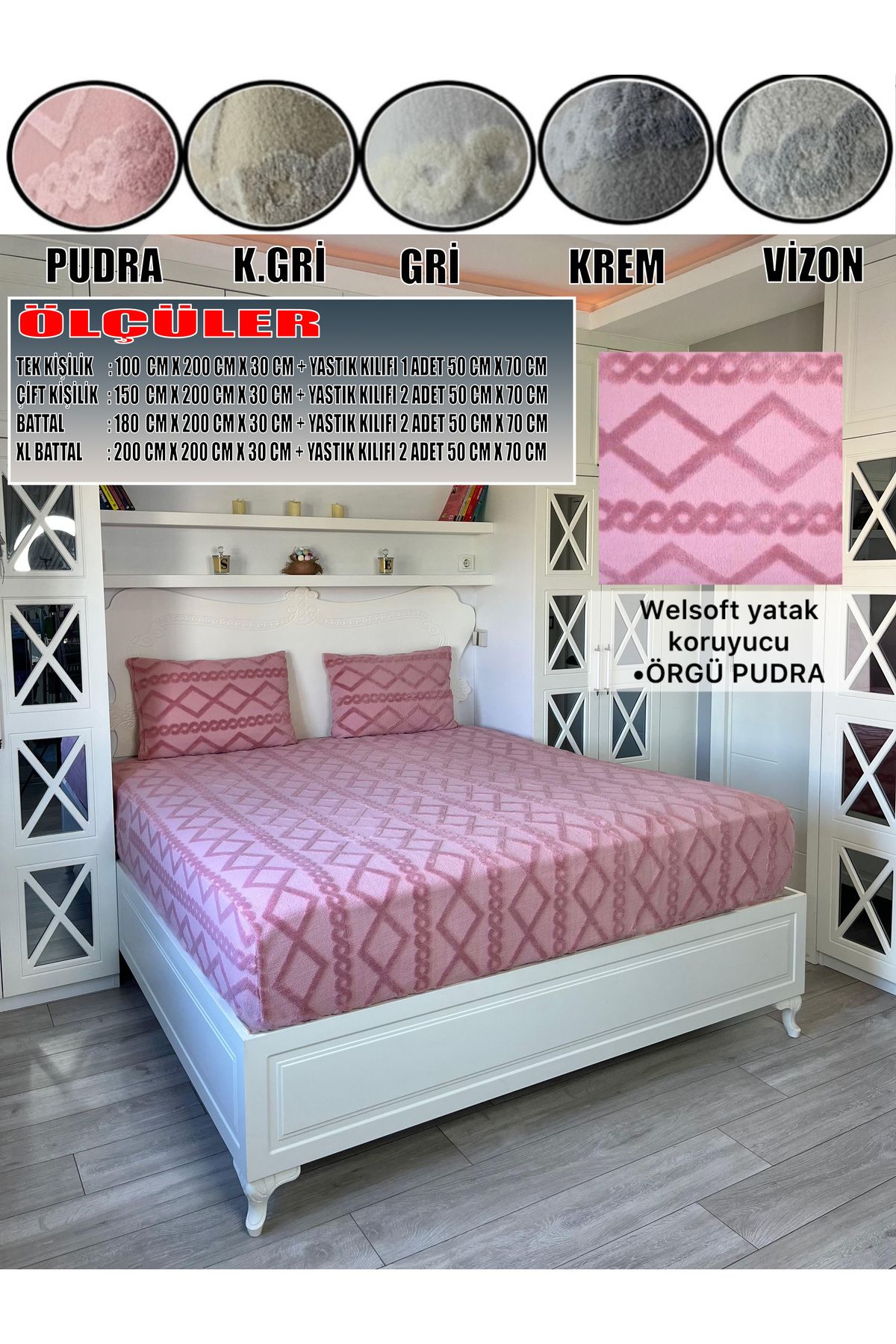 KILIFSAN Welsoft Pudra Renk Desenli Lastikli Yatak Örtüsü ve Yanında Yastık Kılıfı Hediyesi 180X200X30 CM.