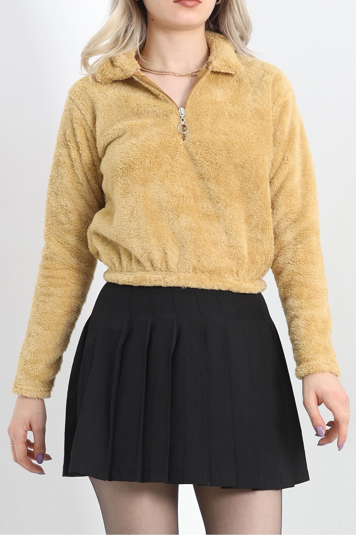 MOD10 Fermuarlı Crop Peluş Sweat Camel