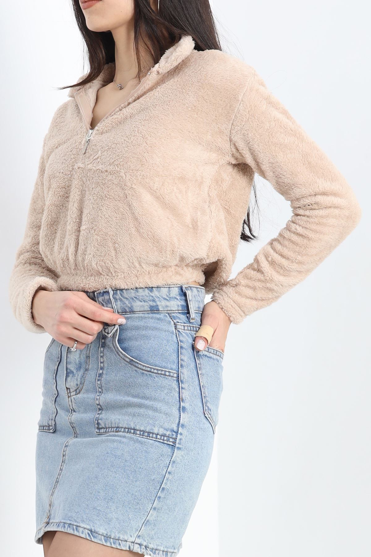 MOONFER Fermuarlı Crop Peluş Sweat Bej