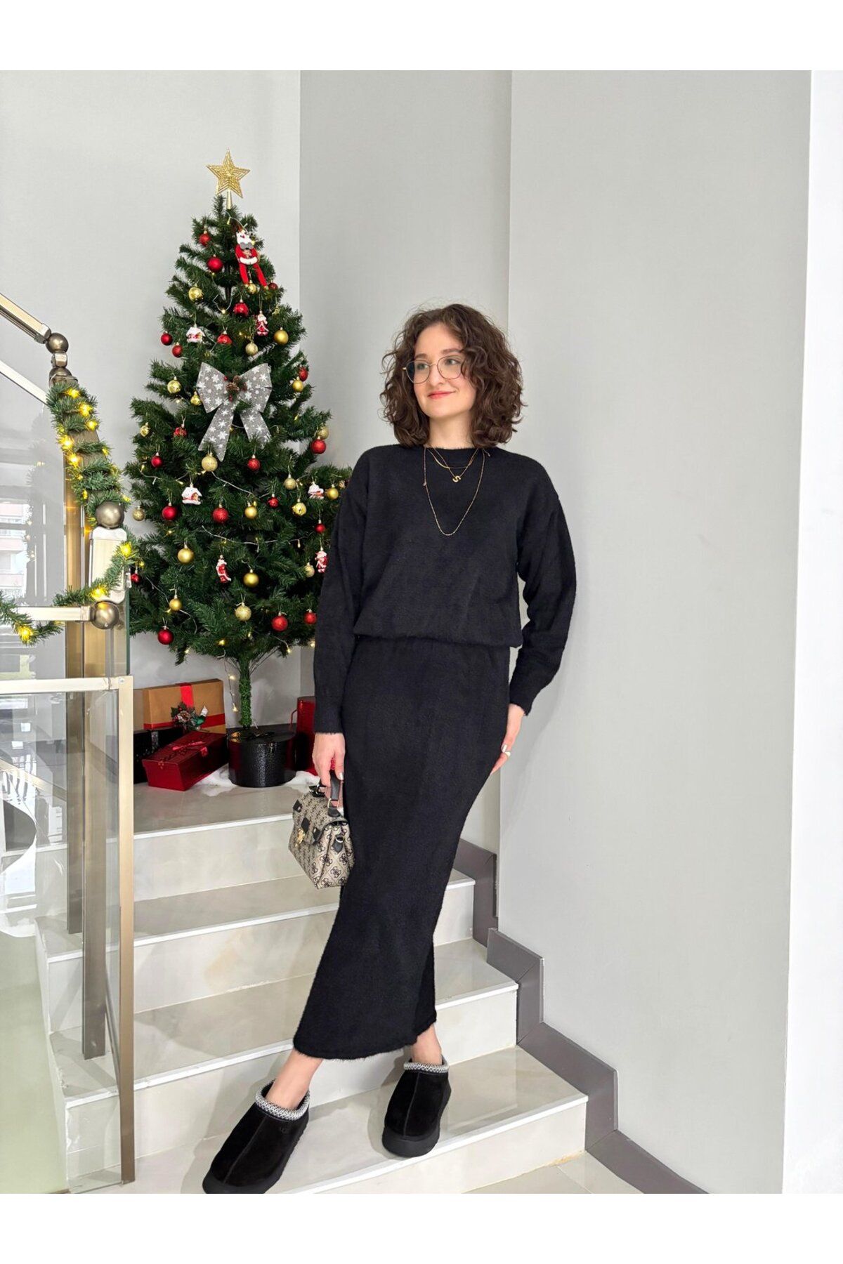 Butik Costum Cu Fustă Creion Tricotaje Negre Femeie - Standard