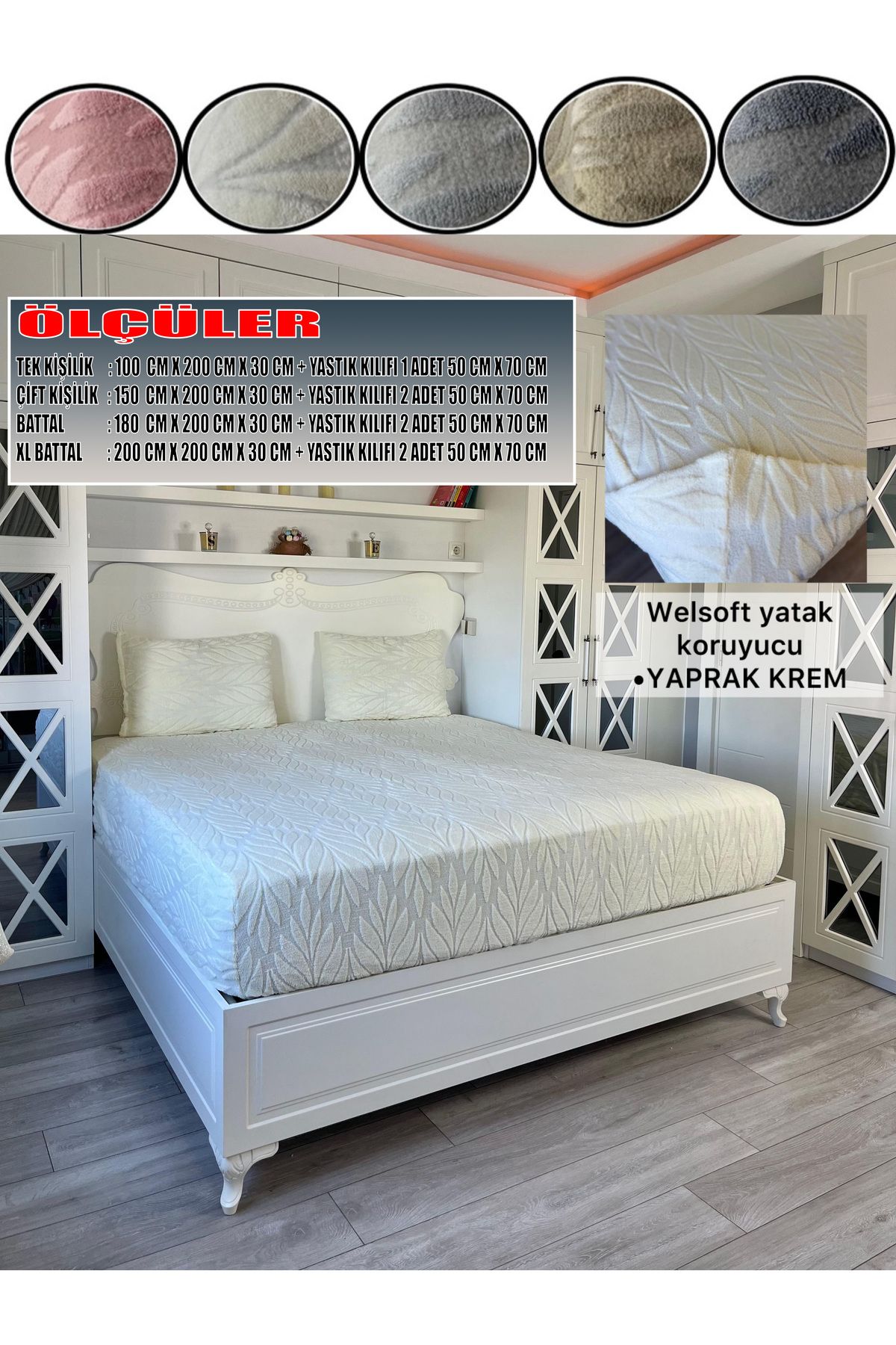 KILIFSAN Welsoft Krem Renk Desenli Lastikli Yatak Örtüsü ve Yanında Yastık Kılıfı Hediyesi 180X200X30 CM.