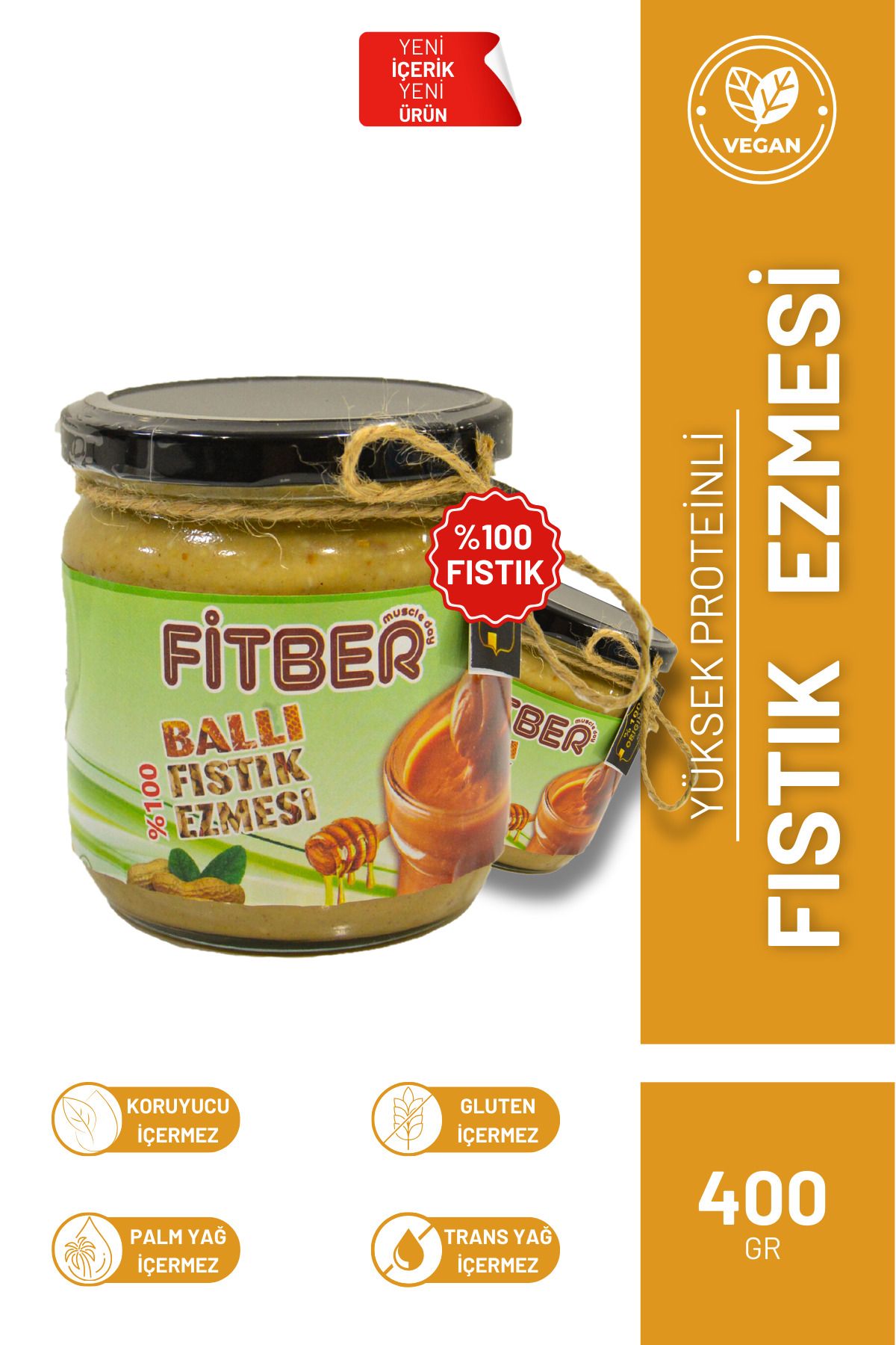 Fitber Muscleday Doğal ve Katkısız İri Fıstıklardan Altın Tohumdan Ballı Fıstık Ezmesi 400gr