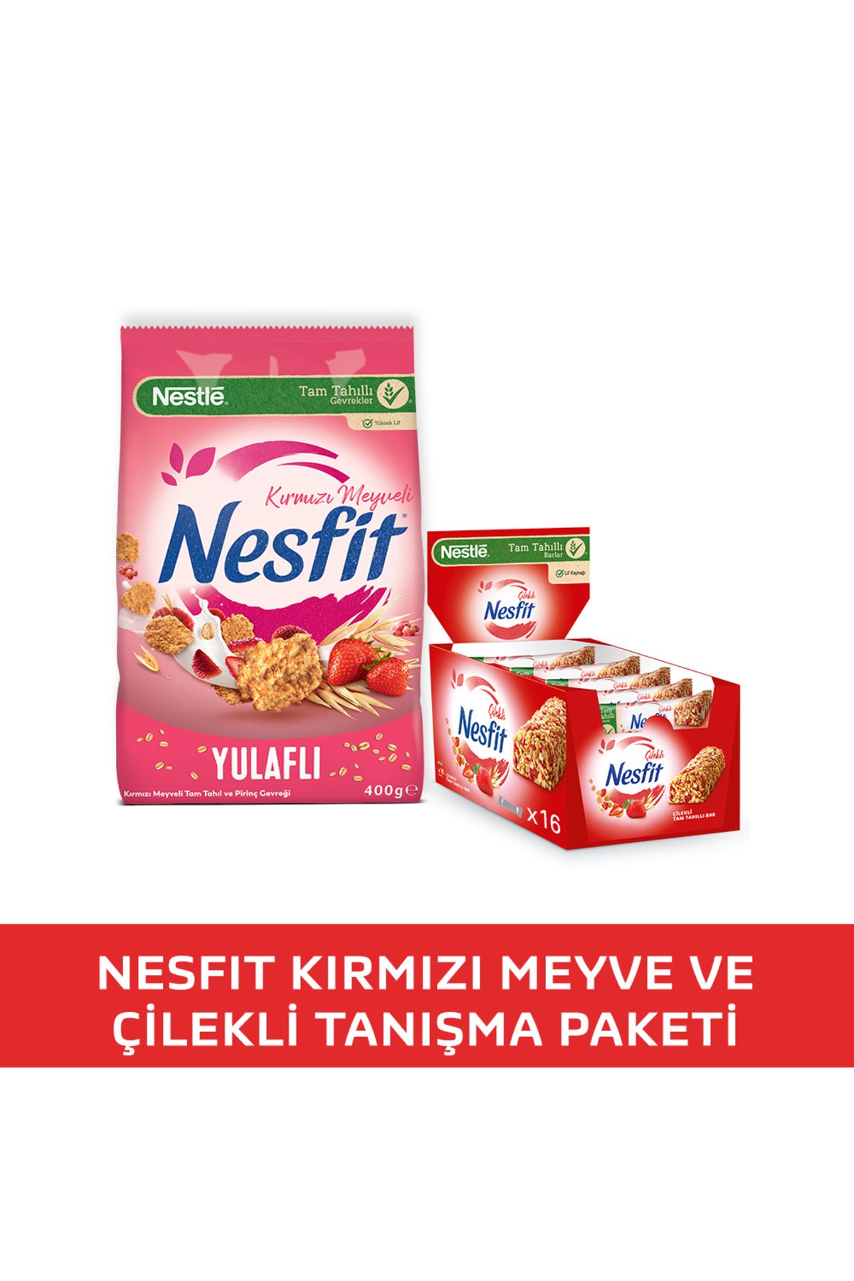 Nestle NESFIT Kırmızı Meyveli Tam Tahıl ve Pirinç Gevreği 400g & Çilekli Tam Tahıllı Bar 16x23,5g