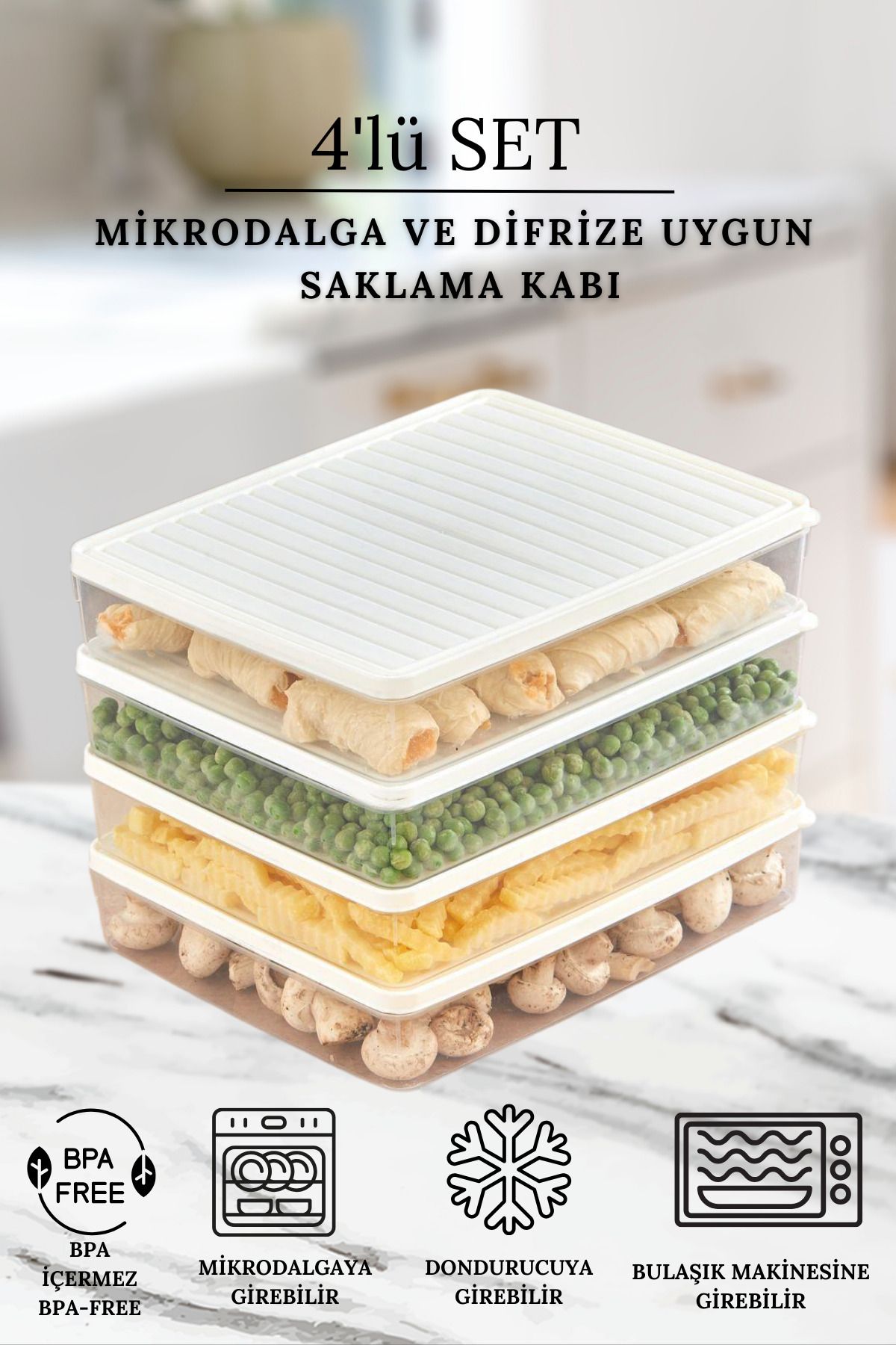 DENS -Buzdolabı Ve Mikrodalga Saklama Kabı - Beyaz Buzdolabı Organizeri 4x2800ml
