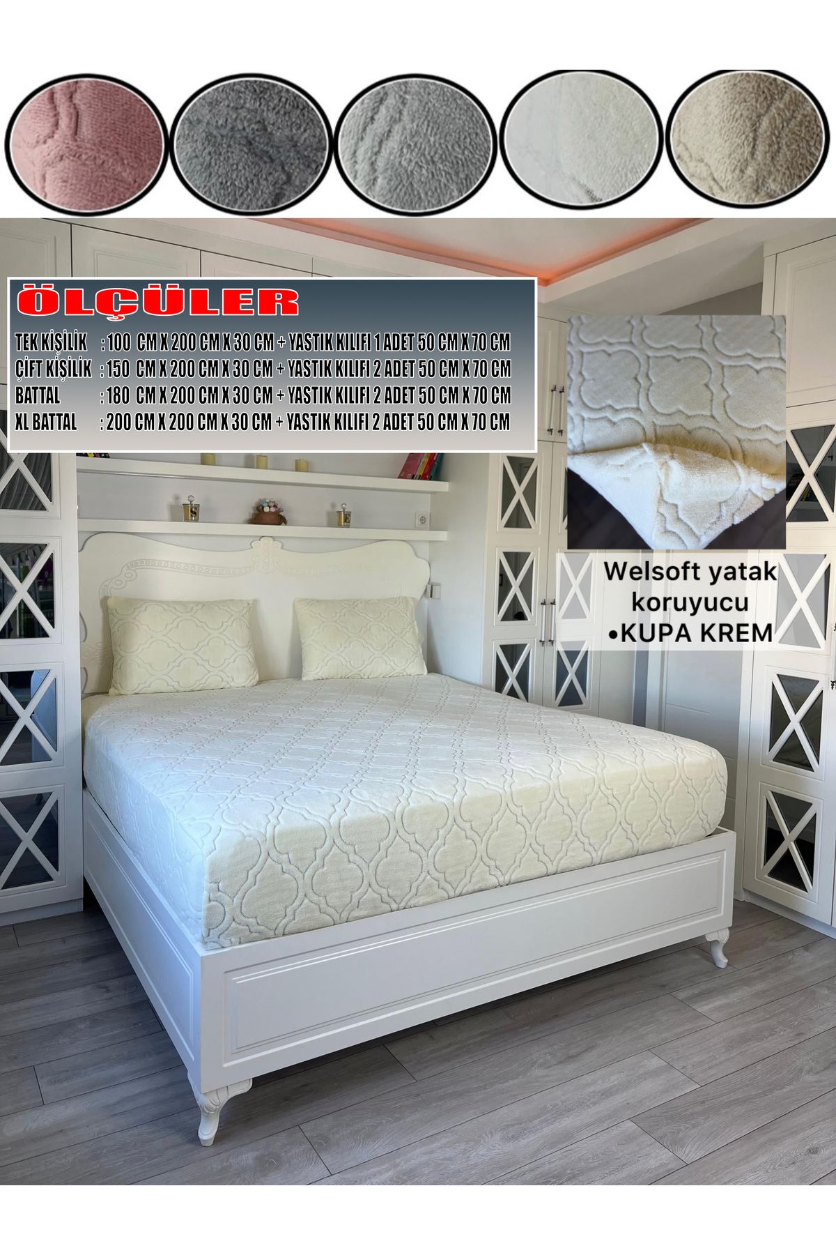 KILIFSAN Welsoft Krem Renk Desenli Lastikli Yatak Örtüsü ve Yanında Yastık Kılıfı Hediyesi 180X200X30 CM.