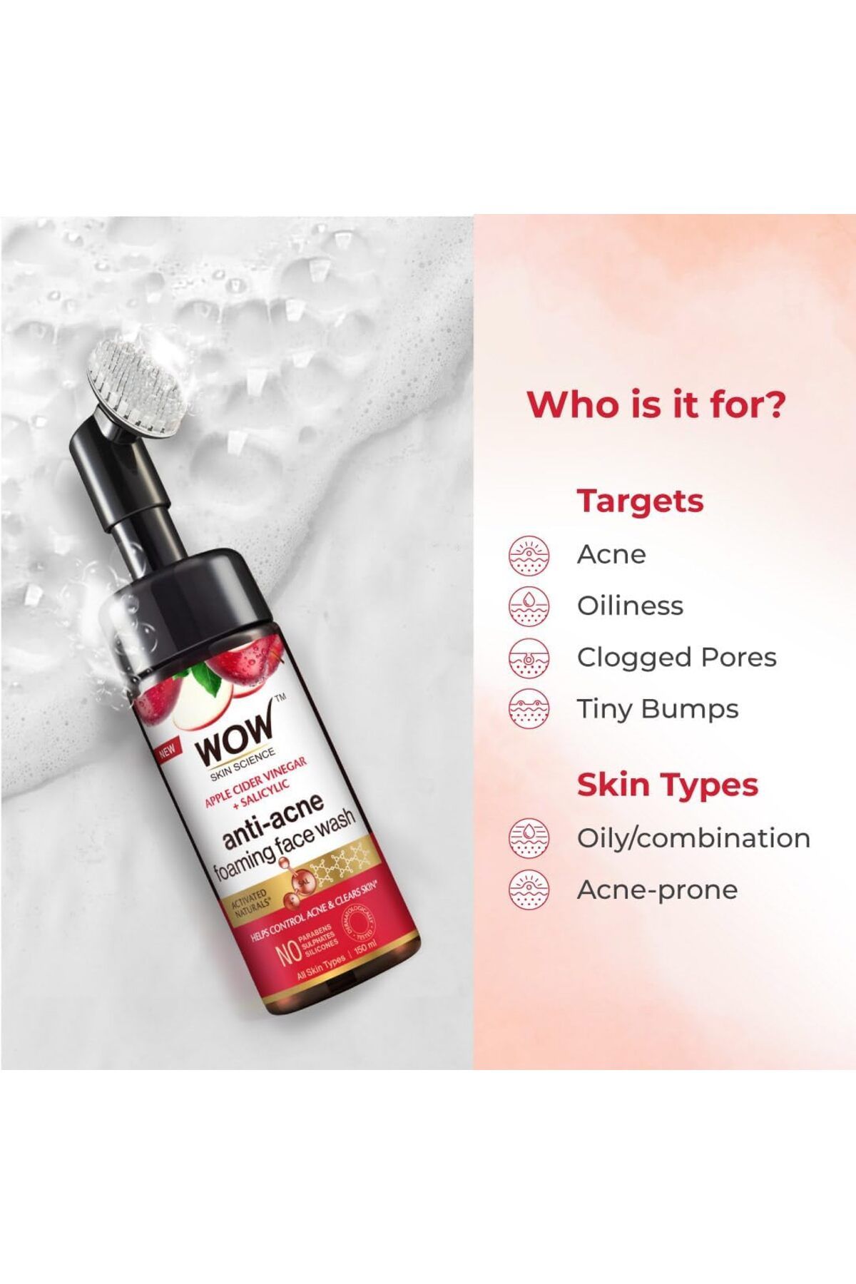 WOW Skin Science-Apple Cider Vinegar Foaming Face wash with brush 150ml 2