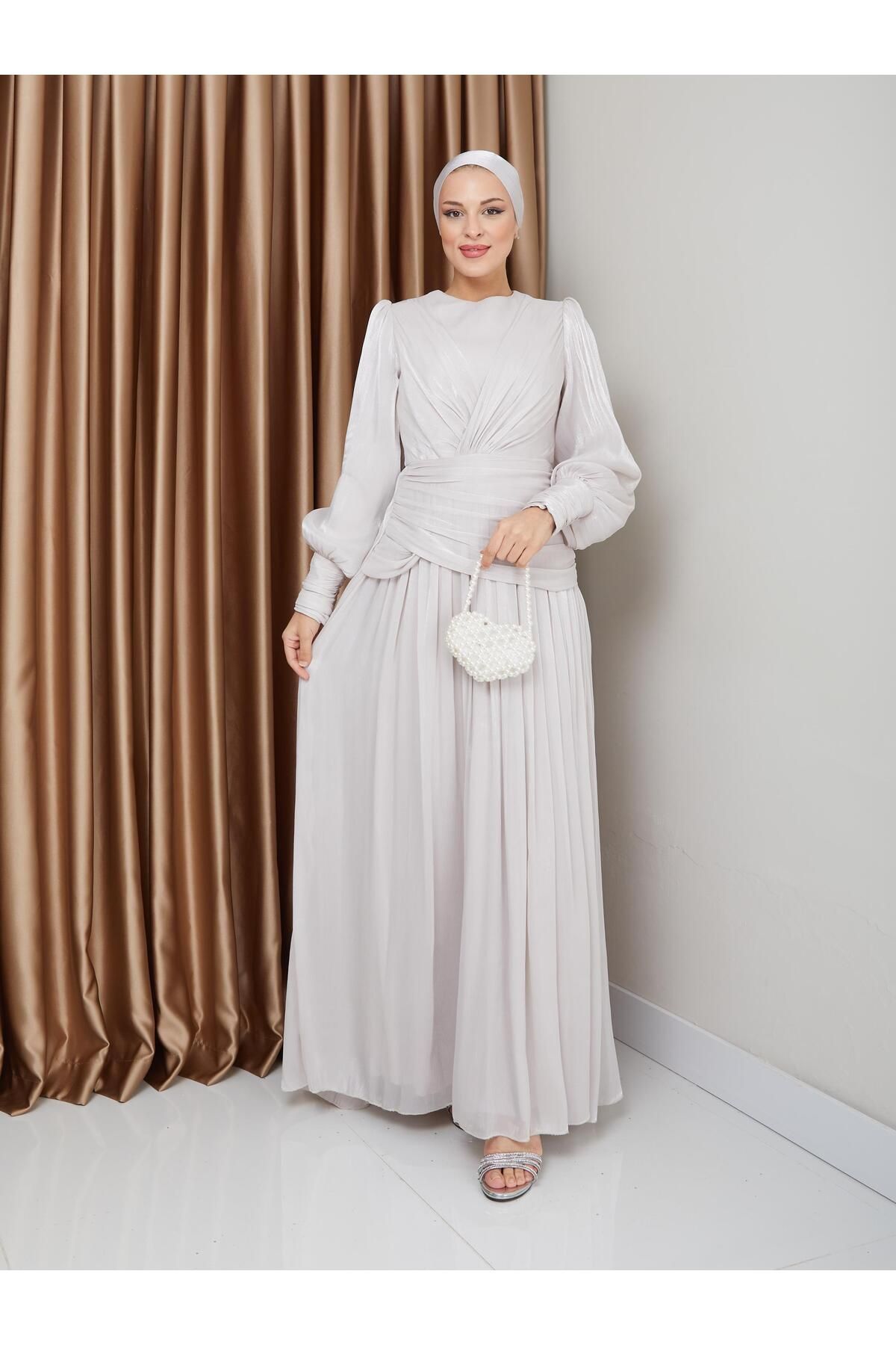 Olcay-Crystal Chiffon with Flywheel and Pleat Detail Hijab Evening Dress Gown Stone 1230 1