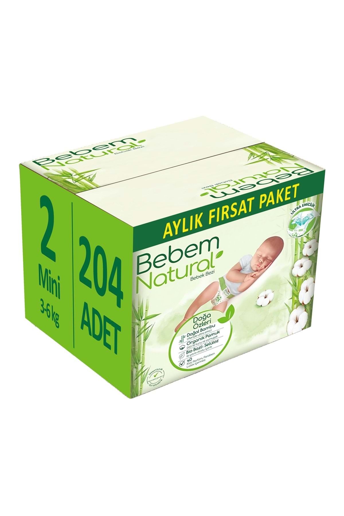 Bebem Natural Bebem Bebek Bezi Natural Beden:2 (3-6Kg) Mini 204 Adet Aylık Fırsat Pk