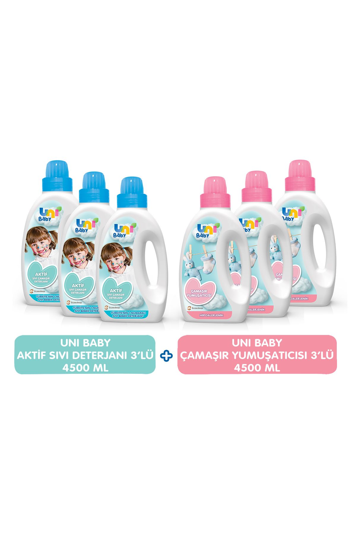 Uni Baby Aktif Çamaşır Deterjanı 1500ml 3'lü & Yumuşatıcı 1500 ml 3'lü