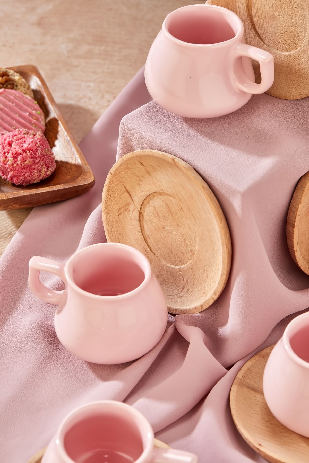 Babion-Luxury 12-Piece Coffee Cup Set for 6 People with Wooden Plate, Pink Cup Set 6