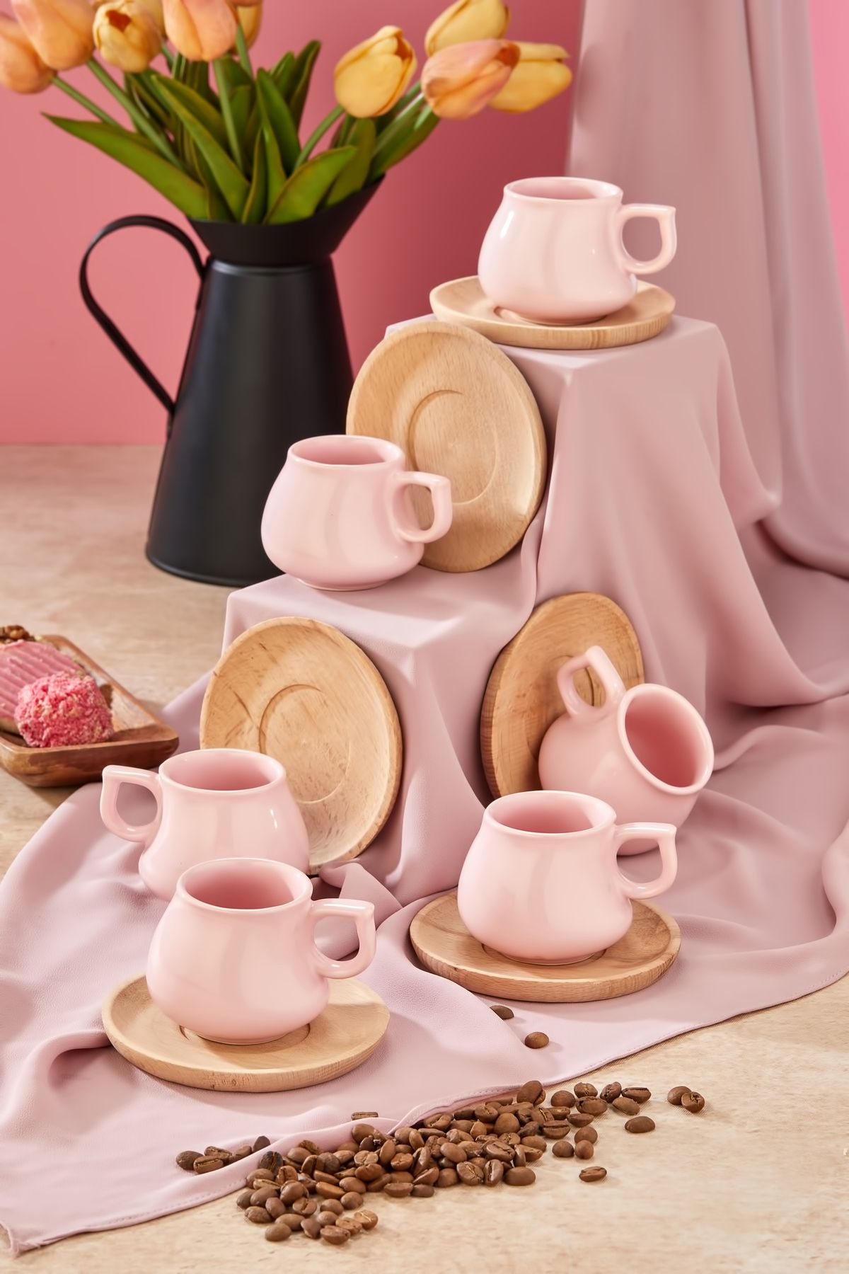 Babion-Luxury 12-Piece Coffee Cup Set for 6 People with Wooden Plate, Pink Cup Set 2