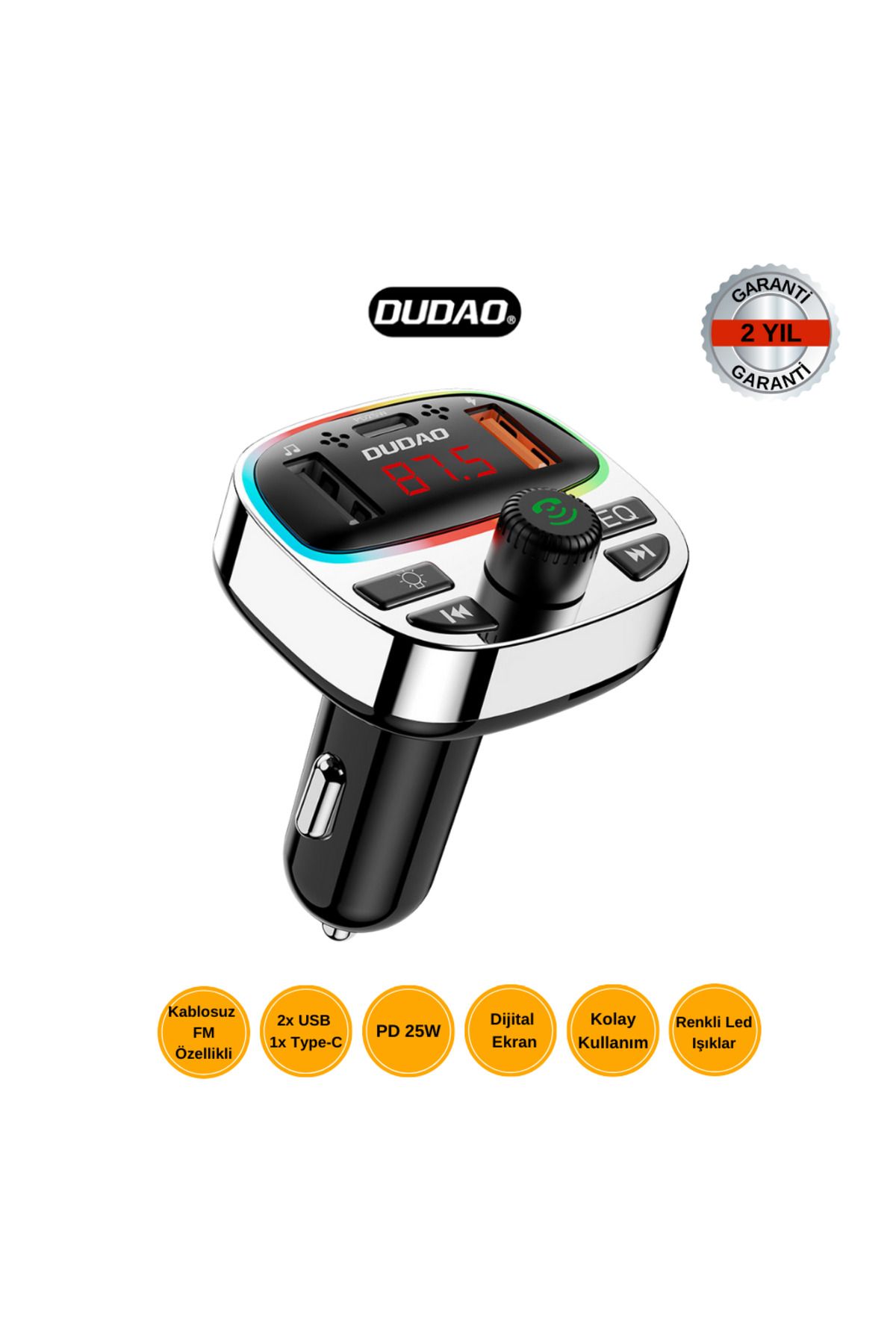 DUDAO R2PRO+ - PD 25W Araç İçi Çakmaklık Şarj Cihazı ve FM Transmitter – Dijital Ekran ve RGB Işık