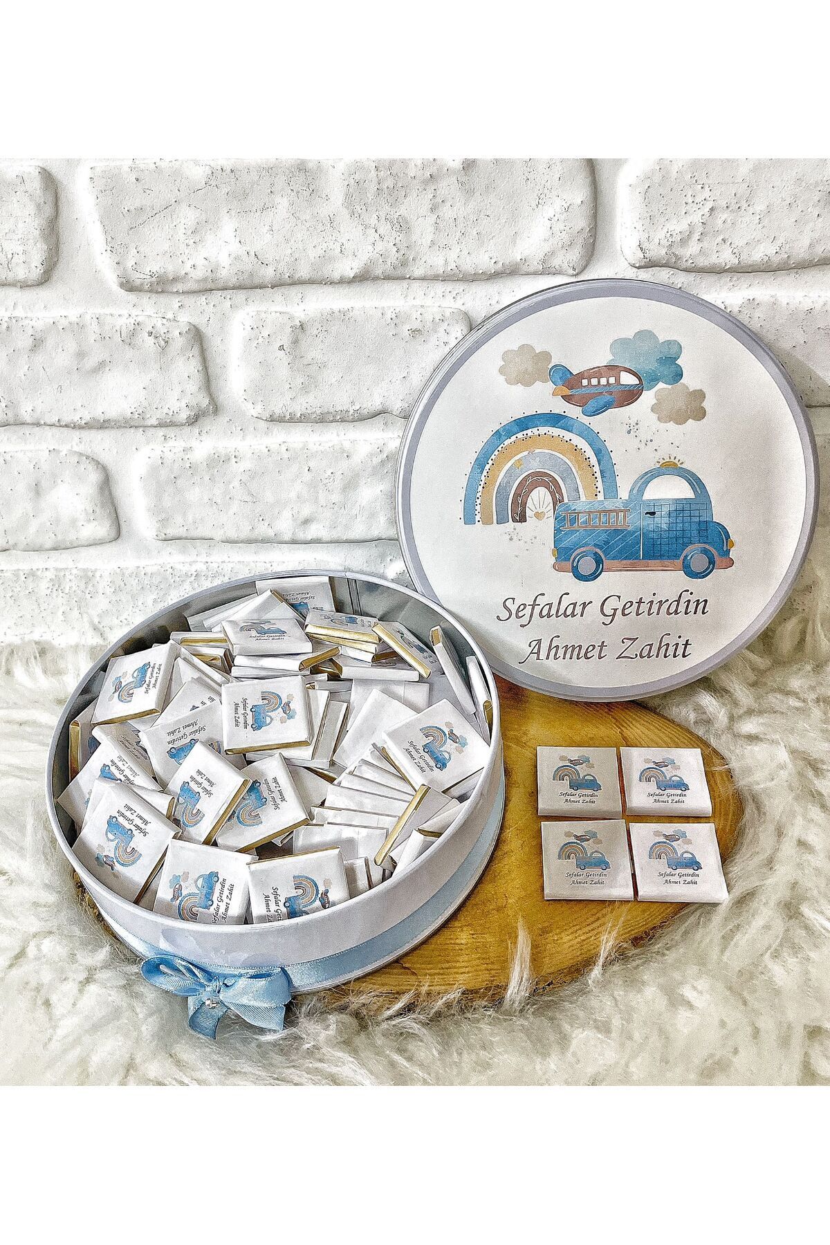 BUGİTO Angel Gift Chocolate 100 Adet Mavi Araba Temalı Isme Özel Erkek Bebek Doğum Günü Hediyelik Çikolata fotoğrafı 5 (önizleme)