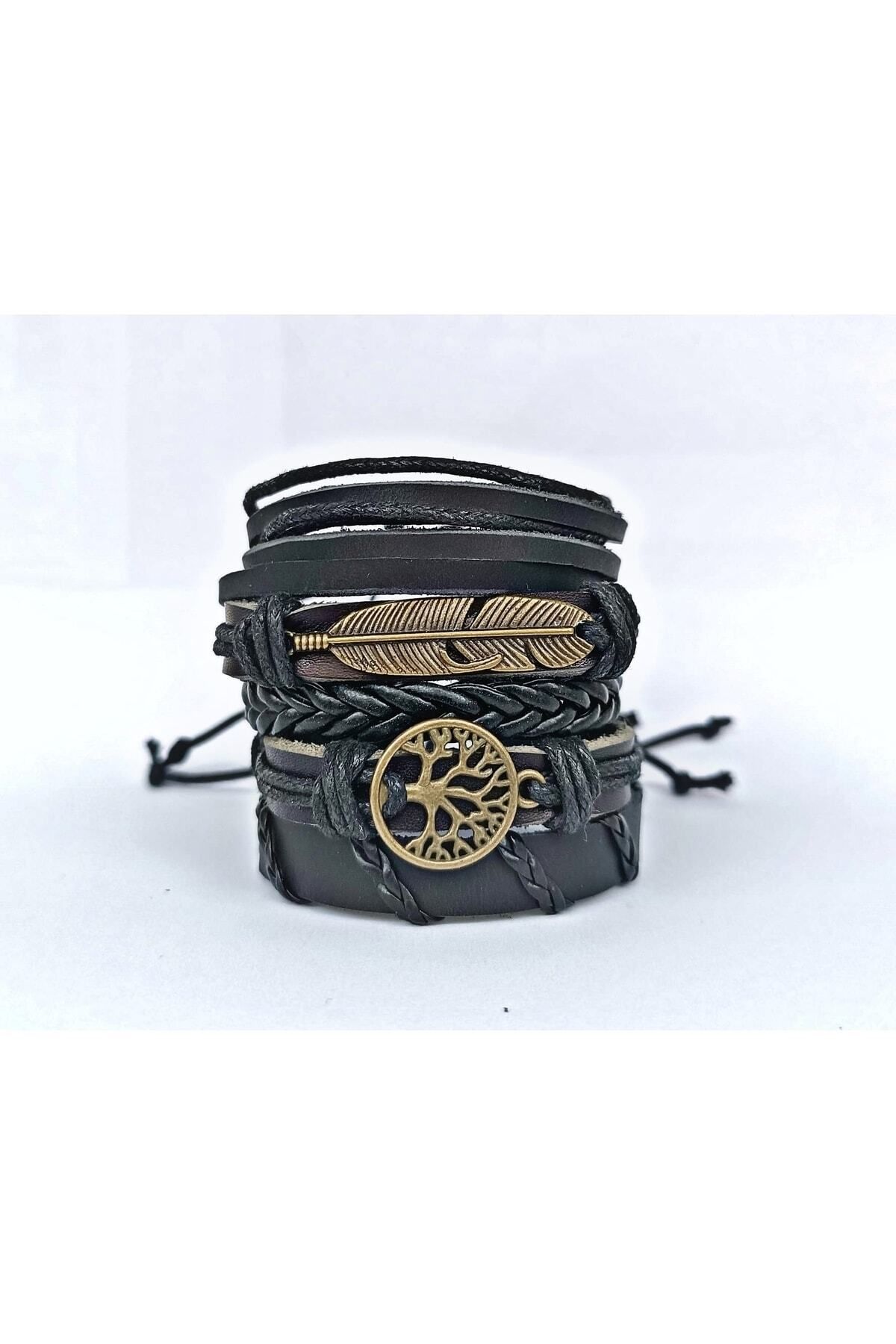 BSN-Tree of Life Feather Antique Bronze Color Genuine Leather Bracelet 5 Pieces 1