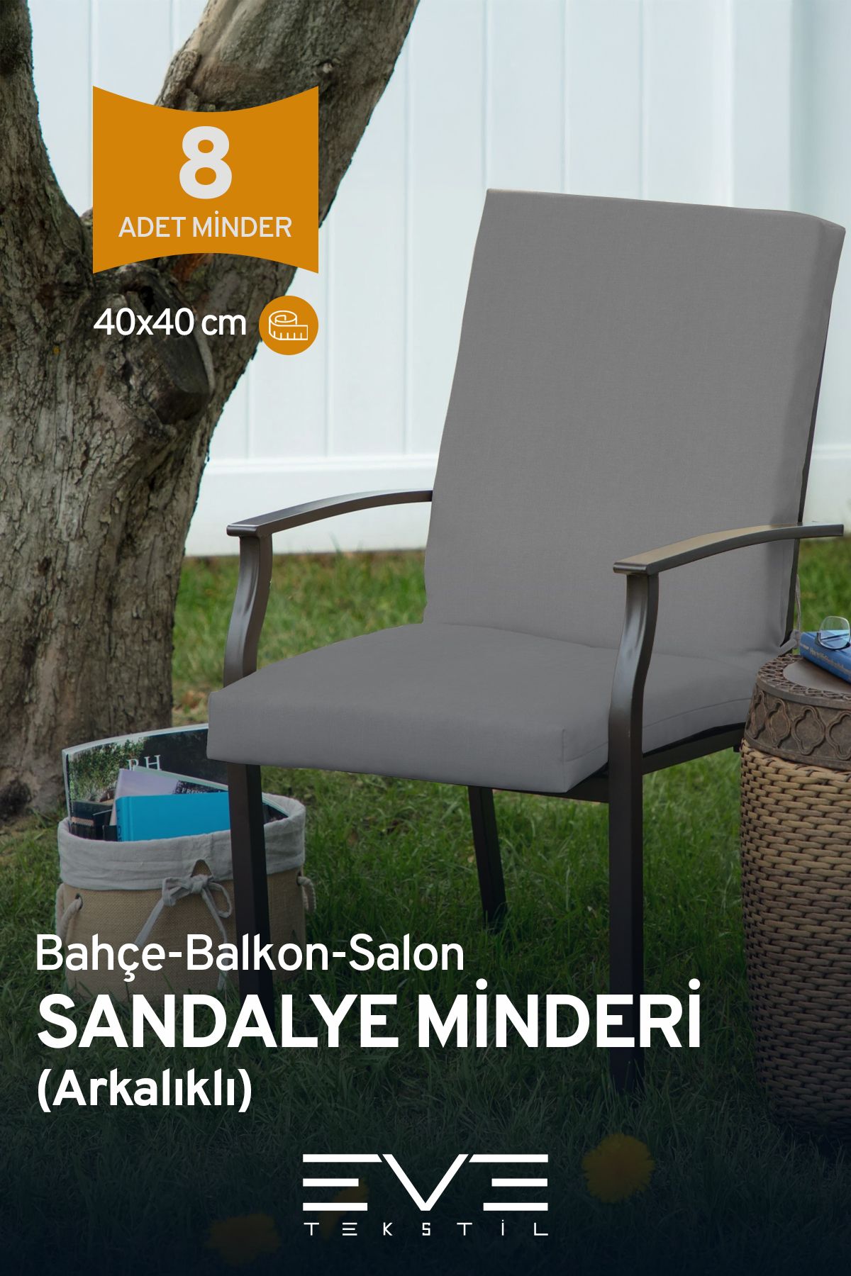 Eve Tekstil Bahçe - Salon - Balkon Arkalıklı Fermuarlı Bağlanabilir Yıkanabilir Sandalye Minderi 8 Adet