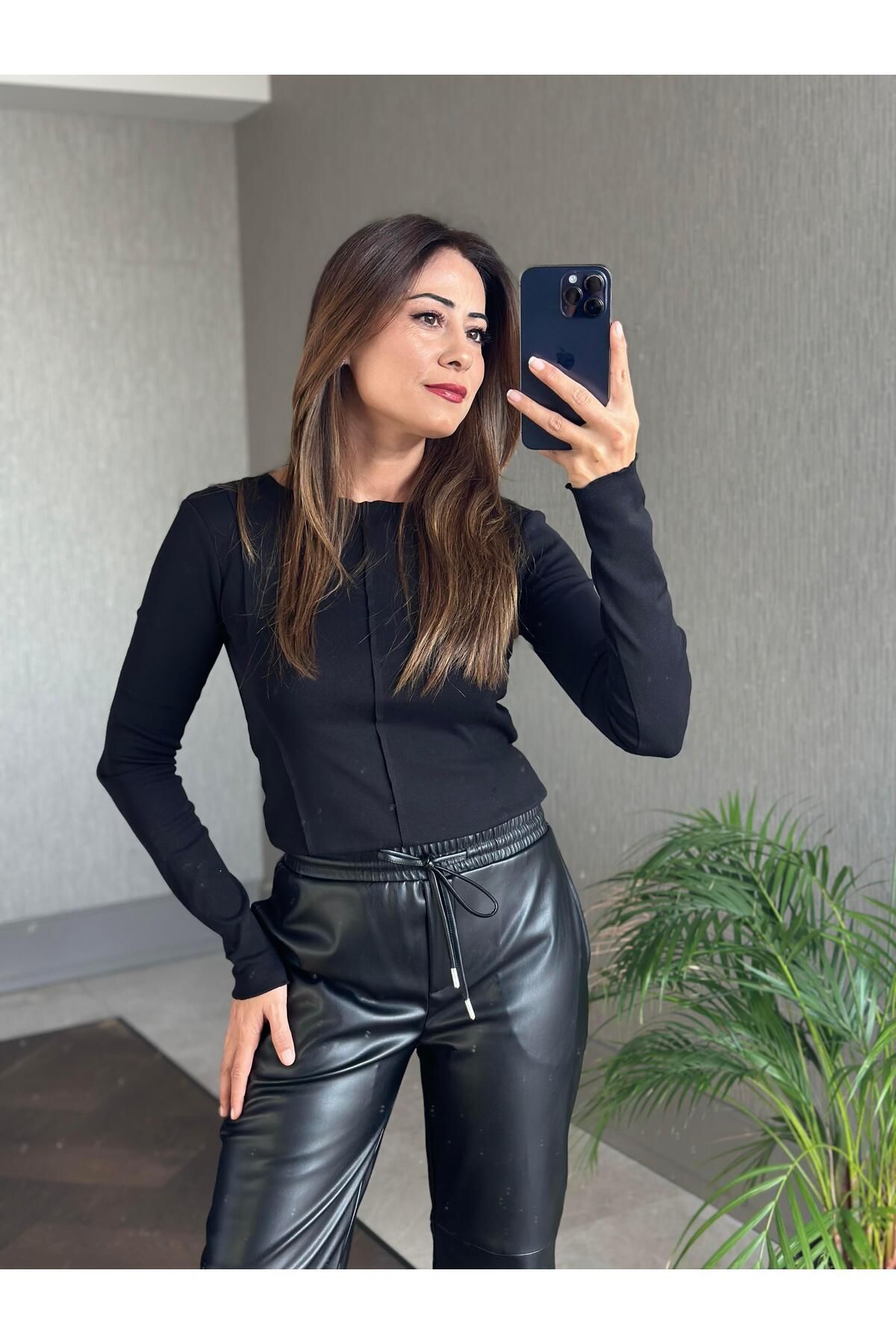 Forlady Butik Siyah Beli Lastikli Düz Paça Jogger Kadın Deri Pantolon