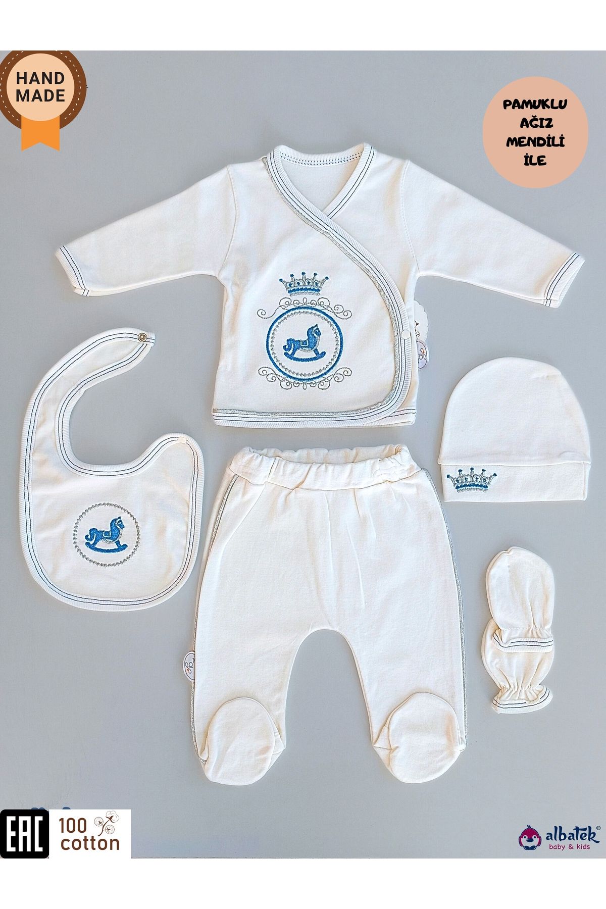 Tomuycuk-100% Cotton Newborn Hospital Release - Blue Embroidered & Seasonal Baby Set - Set of 5 1