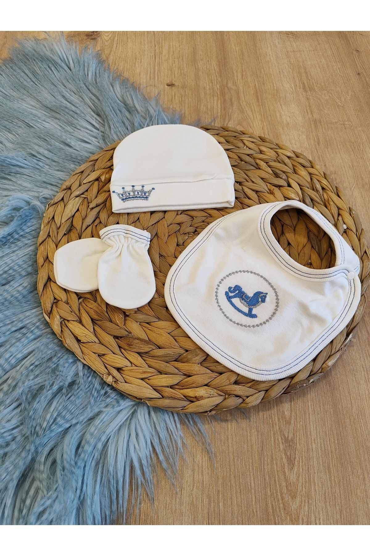 Tomuycuk-100% Cotton Newborn Hospital Release - Blue Embroidered & Seasonal Baby Set - Set of 5 7