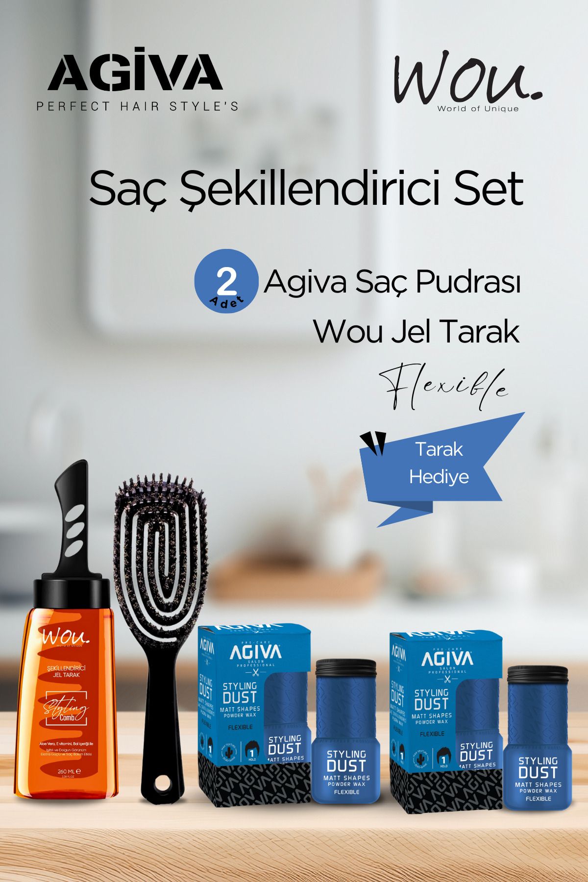 Agiva Saç Şekillendirici Set - 2 Adet Agiva Esnek Tutuş Saç Pudrası + Wou Saç Şekillendirici Jel