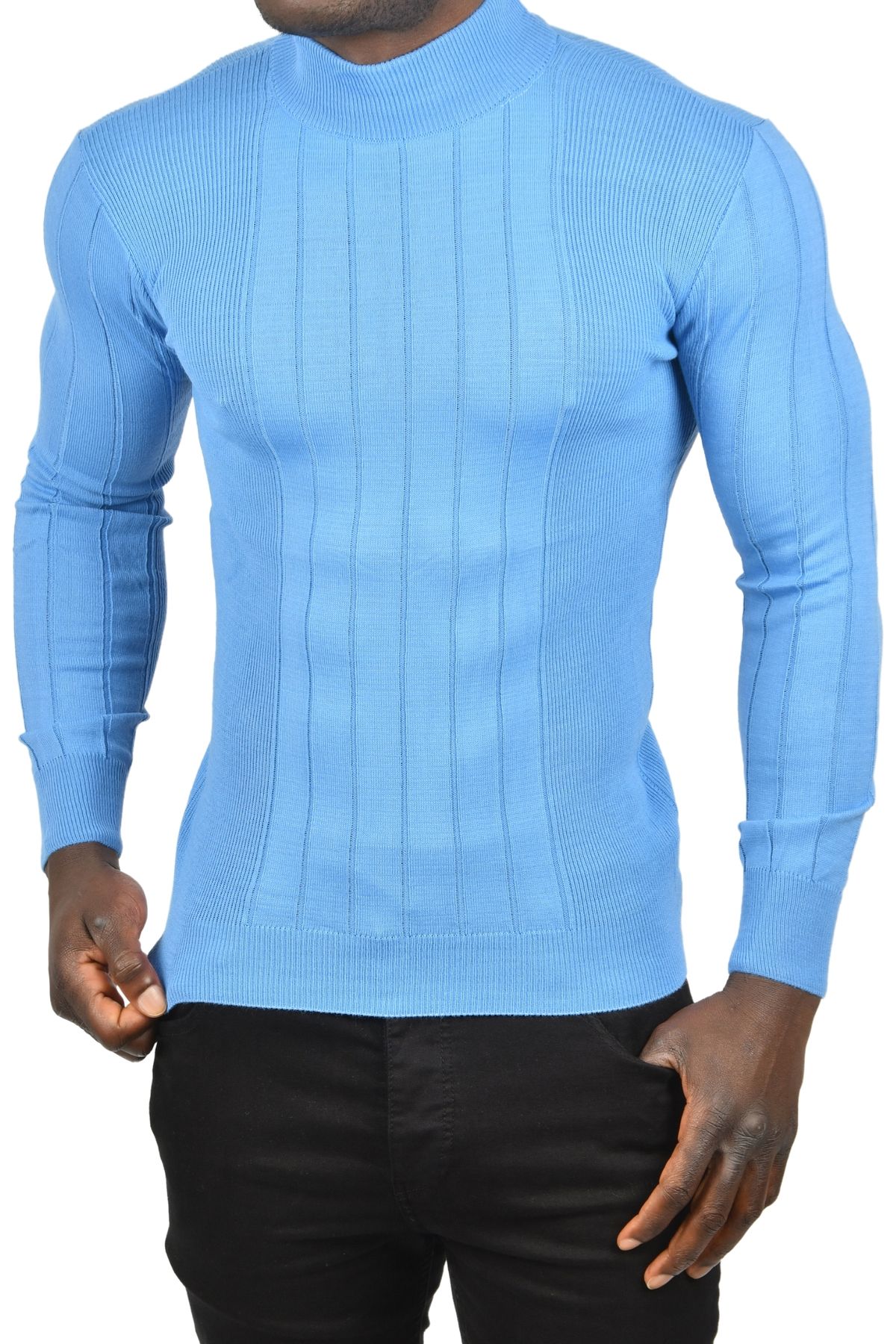 DeepSEA-Men's Blue Half Turtleneck Striped Non-Pilling Slim Fit Knitwear Sweater 2505491 2