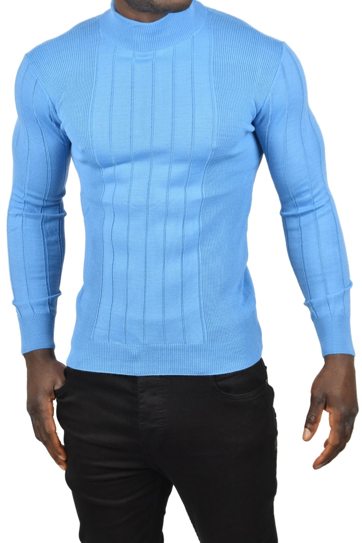 DeepSEA-Men's Blue Half Turtleneck Striped Non-Pilling Slim Fit Knitwear Sweater 2505491 4