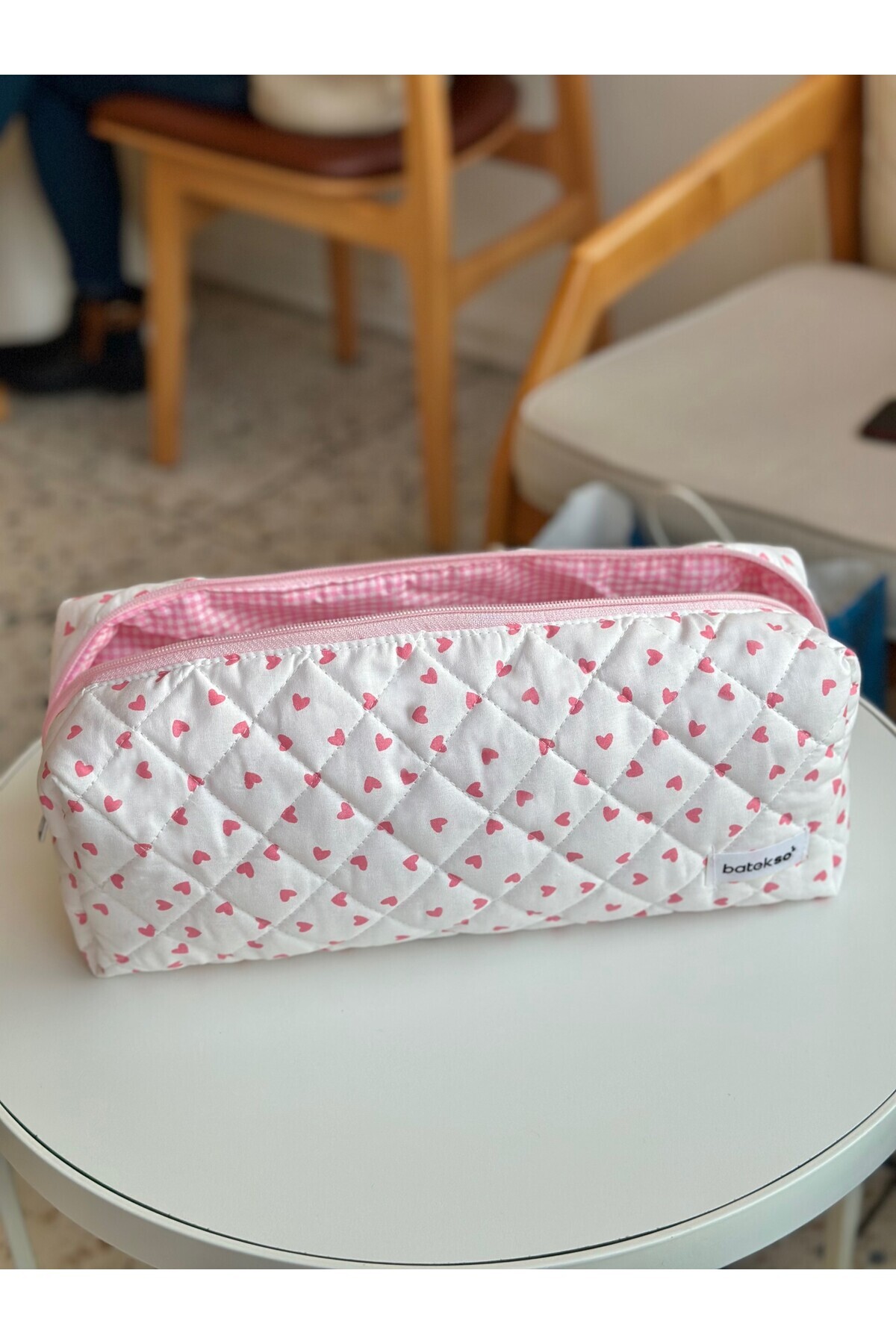 Batekso Pembe Kalp Desenli Saç Şekillendiricileri İçin Seyahat Çantası - XL Boy görsel 4