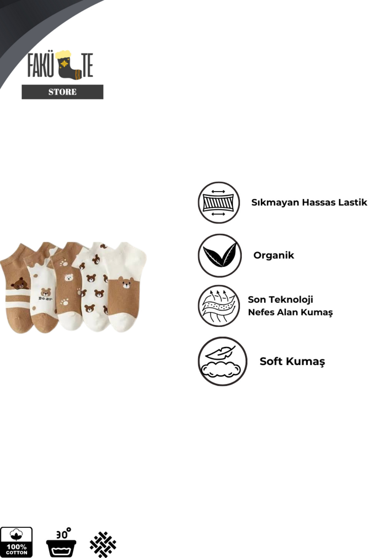 4'lü Paket Teddy Bear Desenli Kadın Patik Çorap Seti — görsel 3 · TEDPAT1