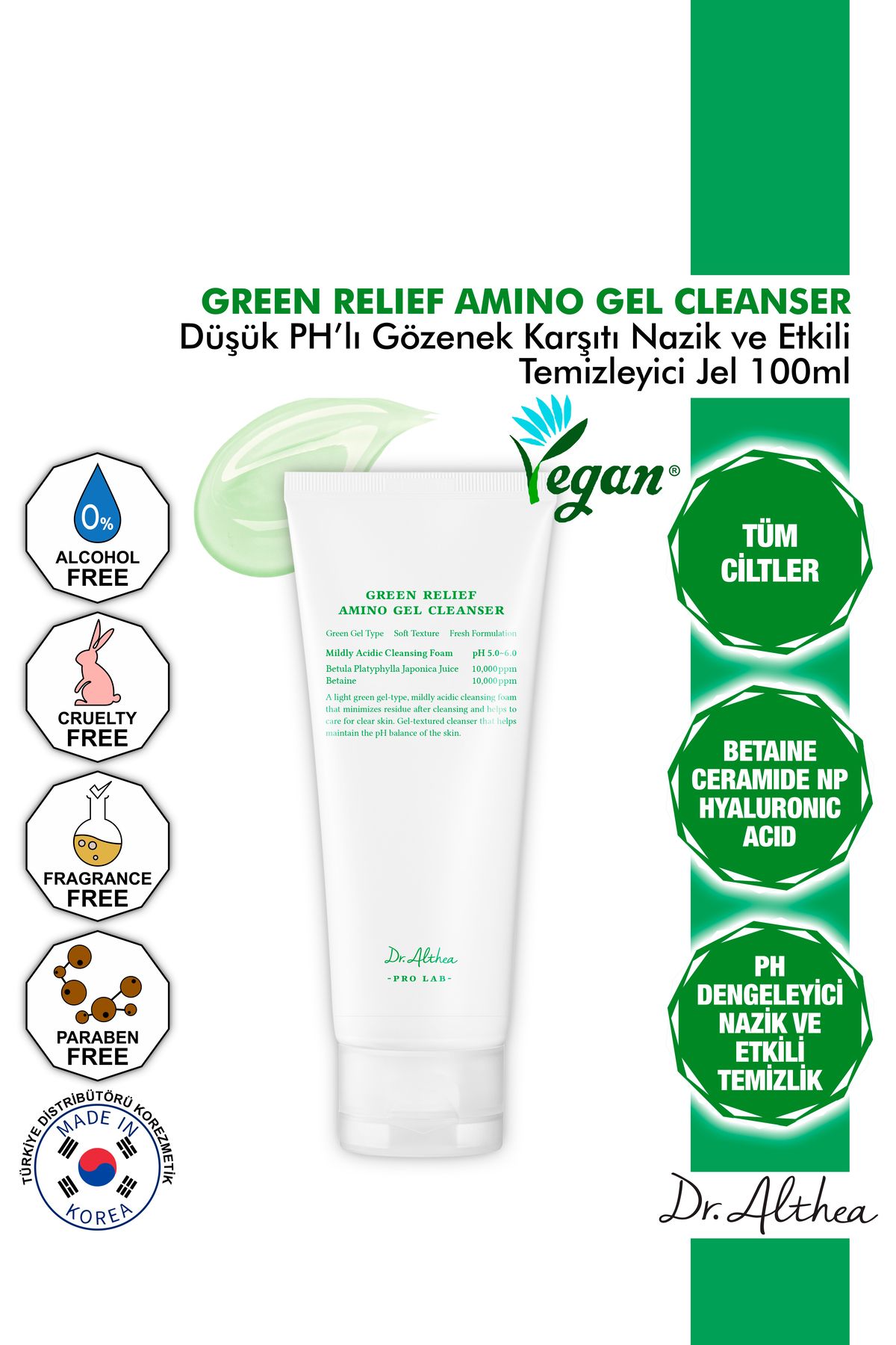 Dr. Althea Green Relief Amino Gel Cleanser - Düşük PH, Gözenek Karşıtı Nazik Temizleyici Jel - 100ml