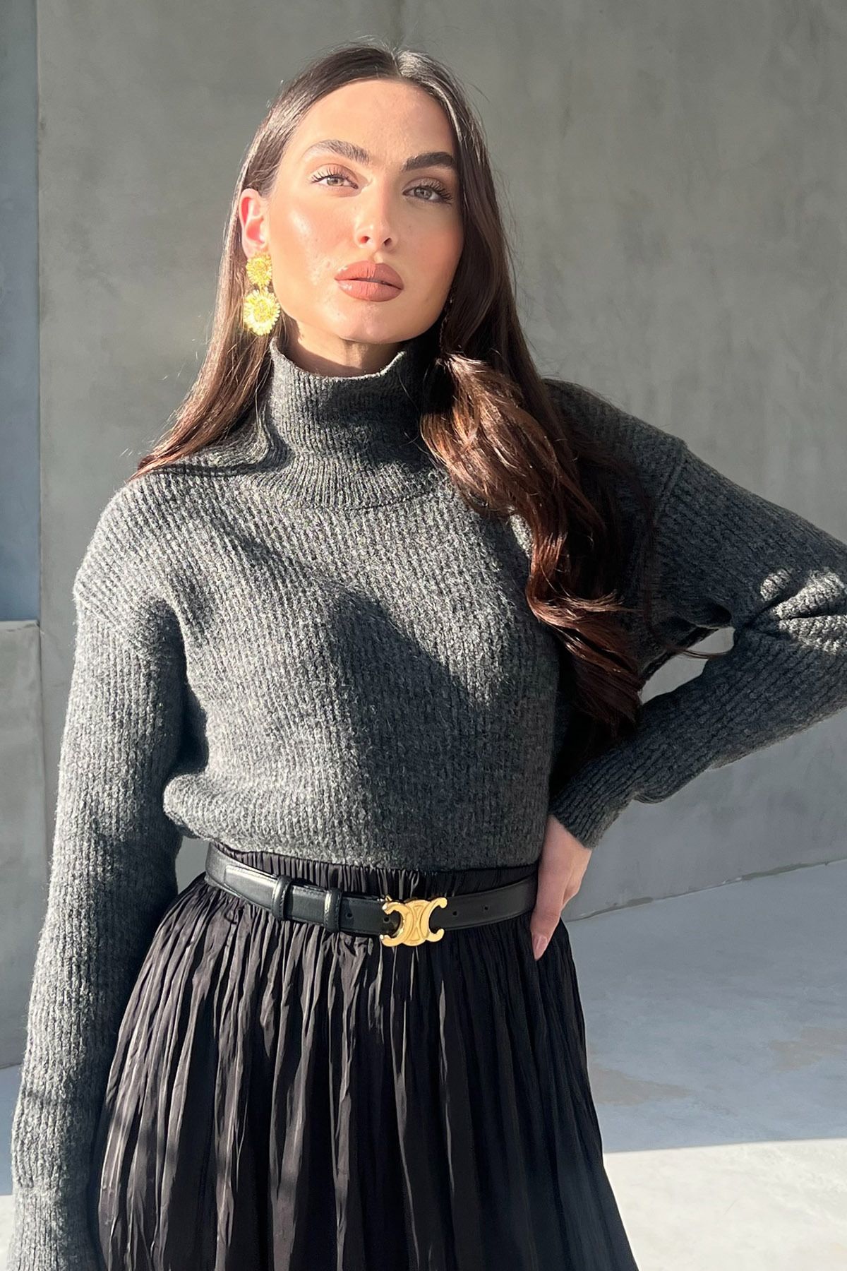 Seda Yalçın Atelier-Anthracite Turtleneck Striped Sweater 3