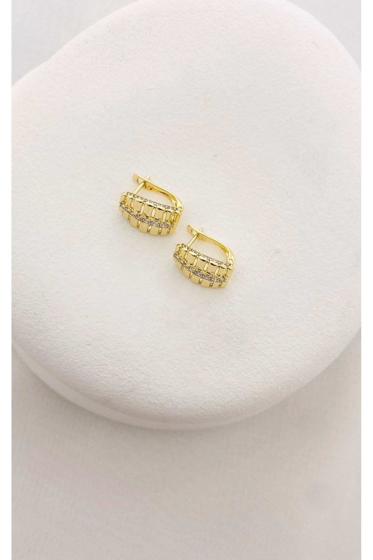 Sacha Accessories-Gold Hoop Earrings with Stripe and Stones 3