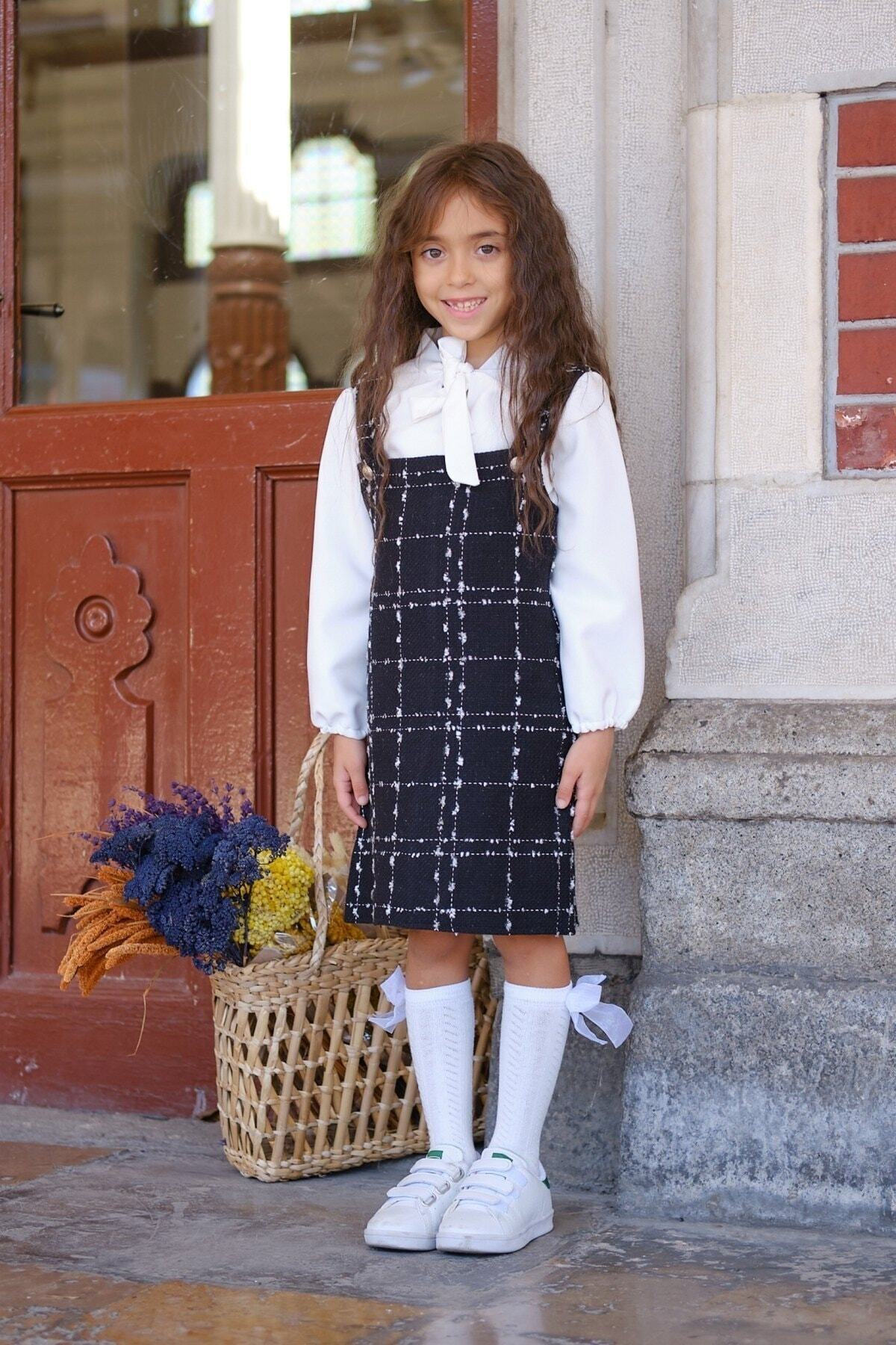 KÜÇÜĞÜM BUTİK-Black Tweed Girl's Salopette Dress 1