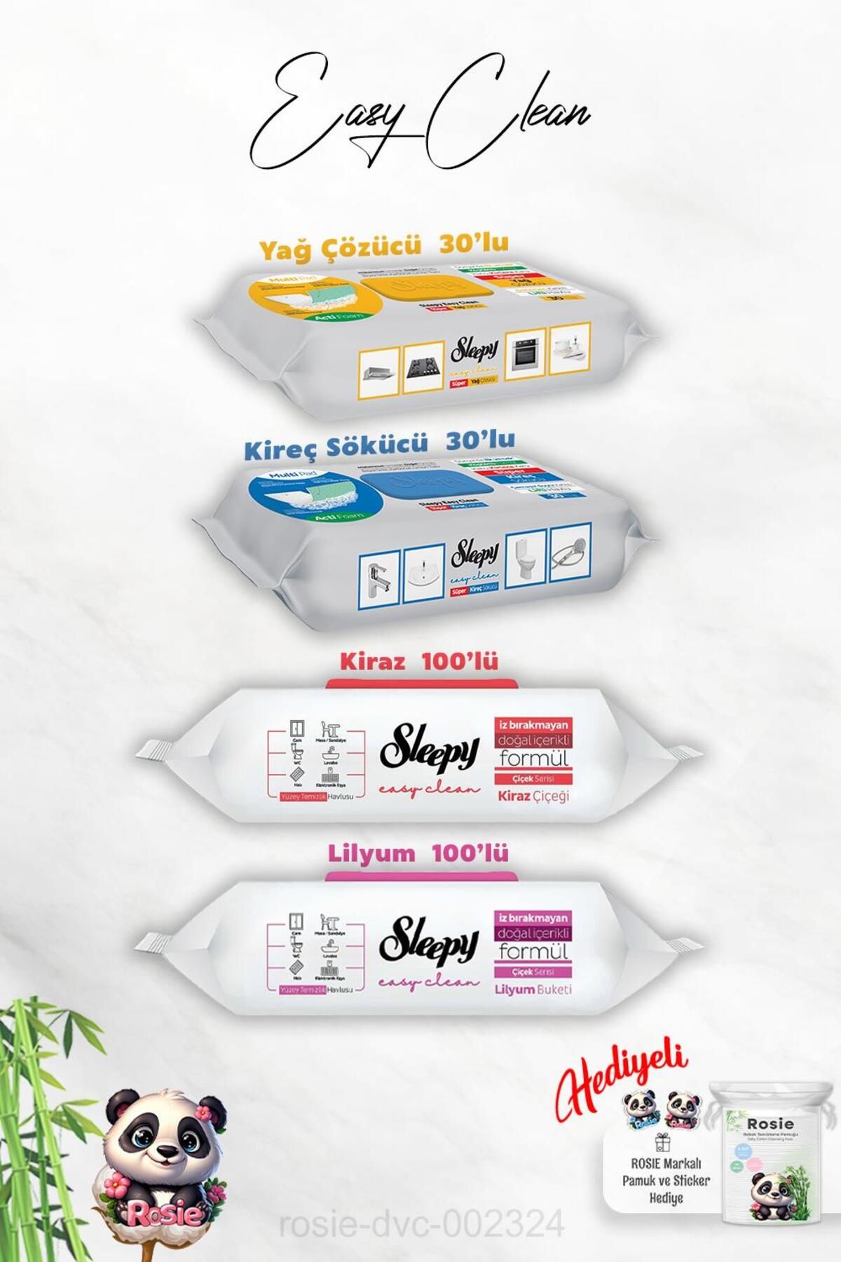 Sleepy Temizlik Havlusu 30'lu Sleepy Kireç ve Yağ Çözücü, Kiraz ve Lilyum 100'lü ve Rosie Hediye