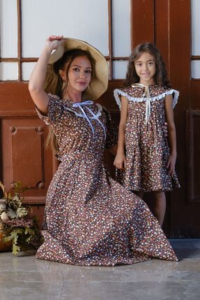 KÜÇÜĞÜM BUTİK Vintage Seyyar Yakalı Kahverengi Çiçekli Balon Kol Kloş Anne Kı...