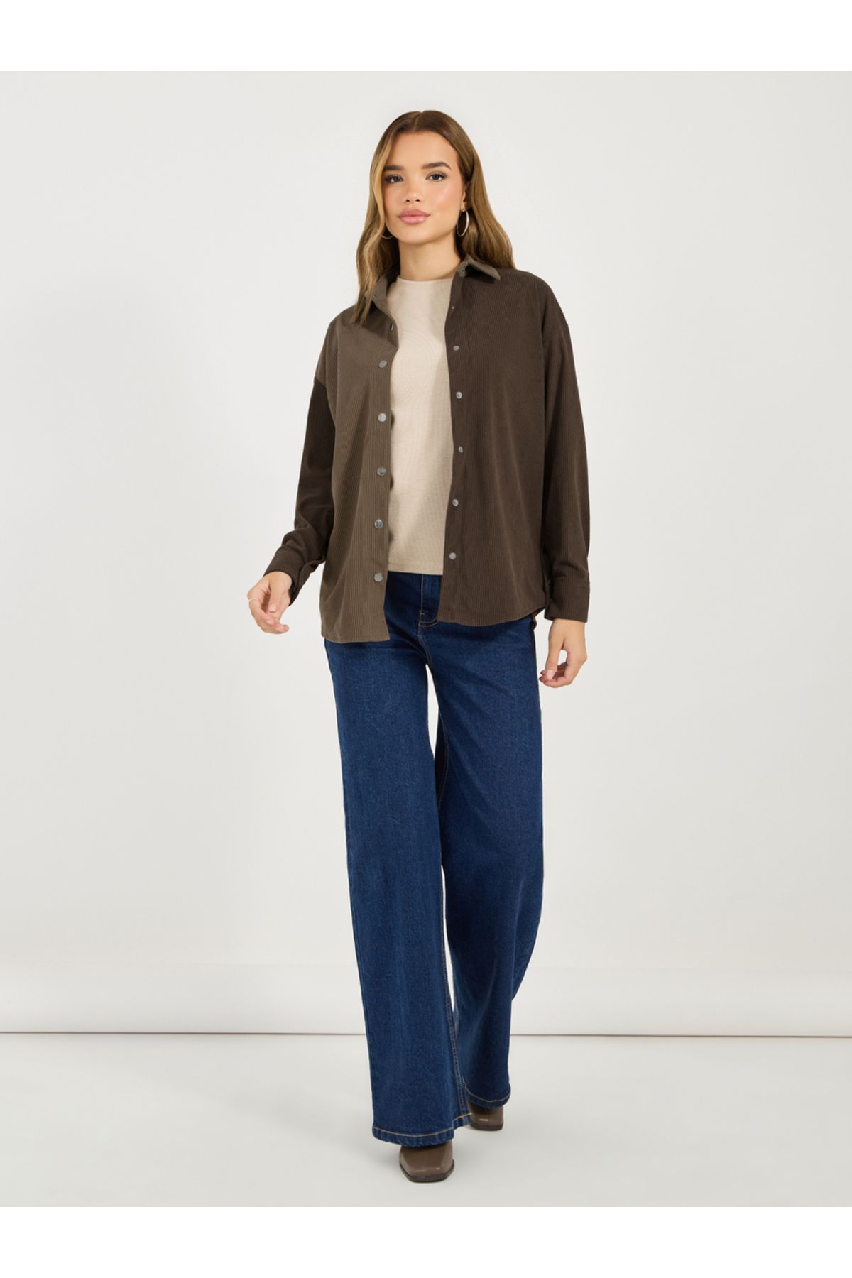 Styli-Oversized Color Block Corduroy Button Up Shirt 2