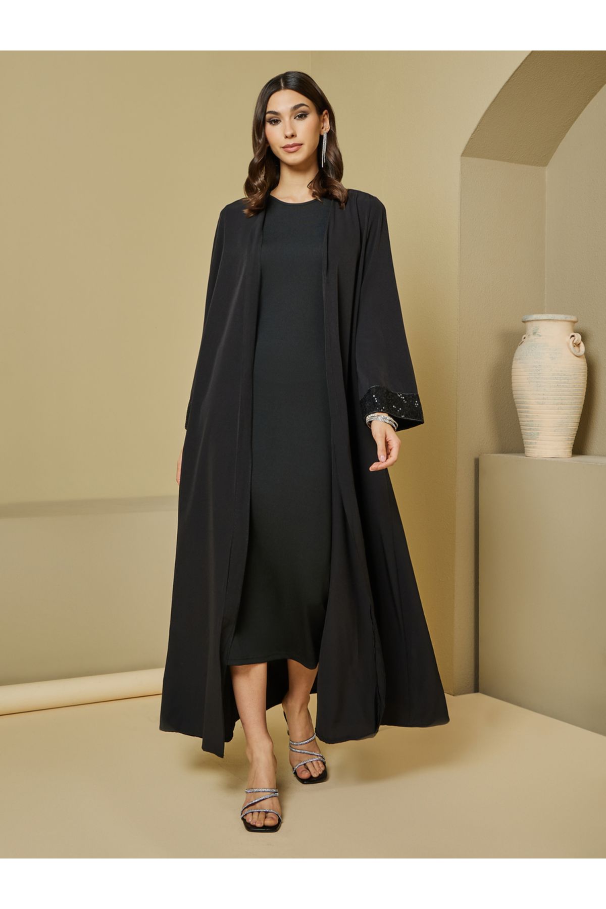 Styli-Sequins Trim on Sleeves Cuff Front Open Abaya 1