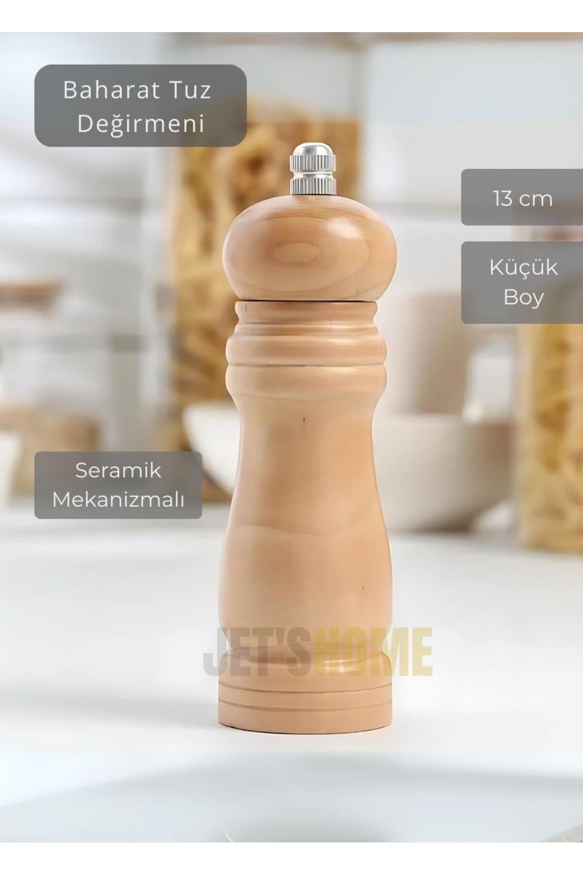 Jet's Home Karabiber Değirmeni Ahşap Tuz Değirmeni Kalınlık Ayarlı Baharat Öğütücü Seramik Bıçaklı 13 cm