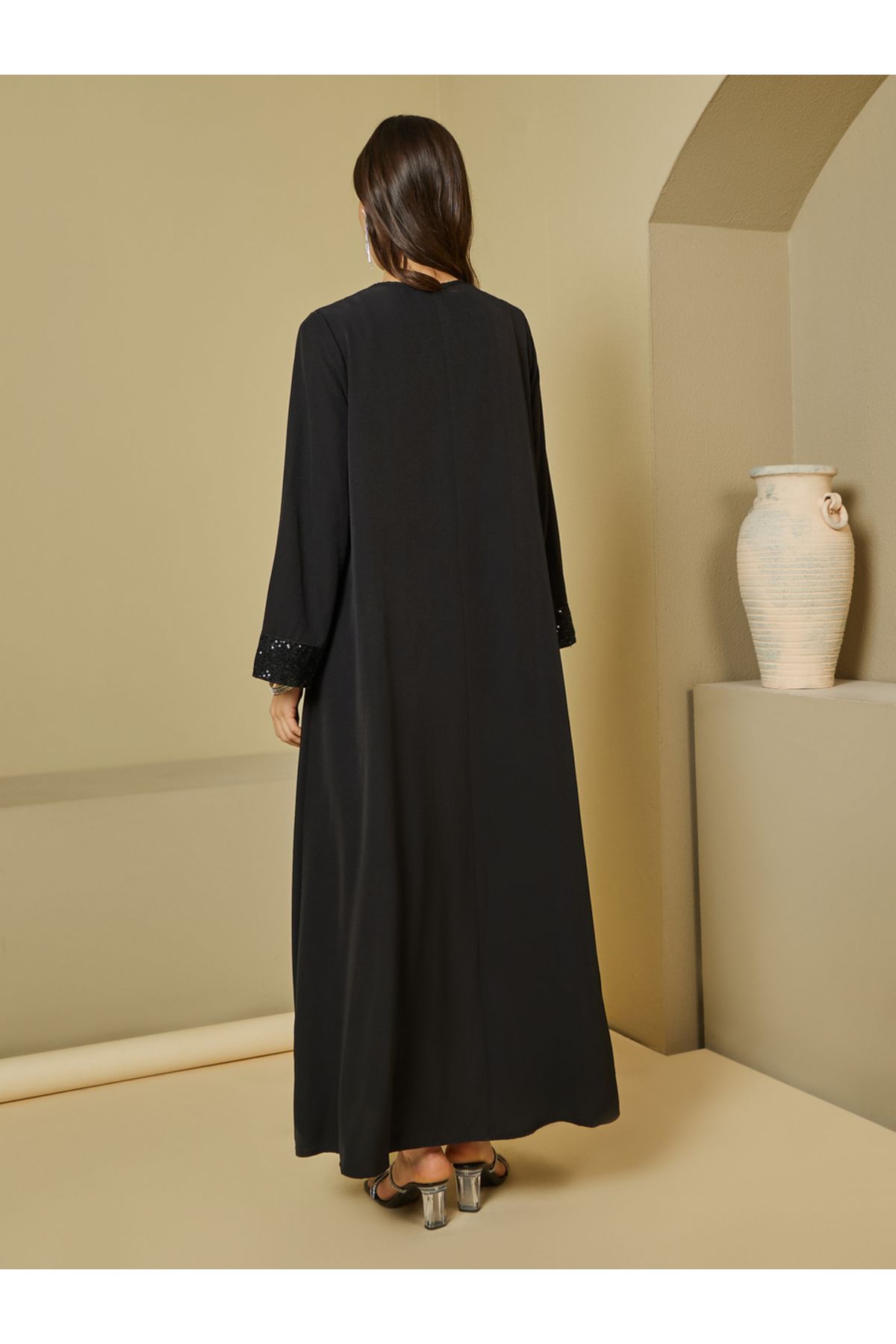 Styli-Sequins Trim on Sleeves Cuff Front Open Abaya 4