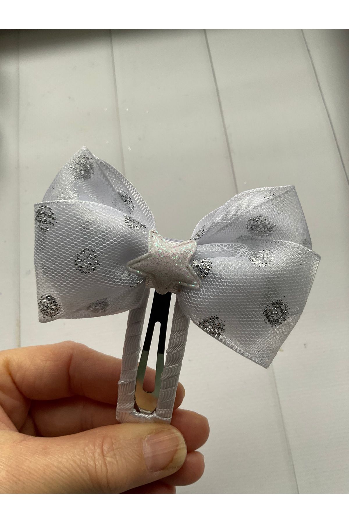 MADE BY PERİ-White Polka Dots and Glitter Tulle Ribbon - Buckle with Snap Fasteners and Bow (Two Pieces) 2