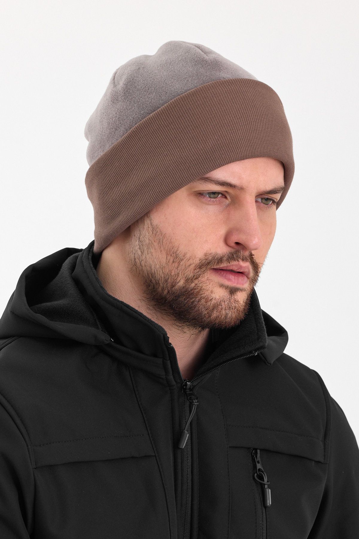 Butikgiz-Men's Gray Fleece Outer, Brown Cotton Inside, Double Color Double Layer Foldable Soft Beanie 8