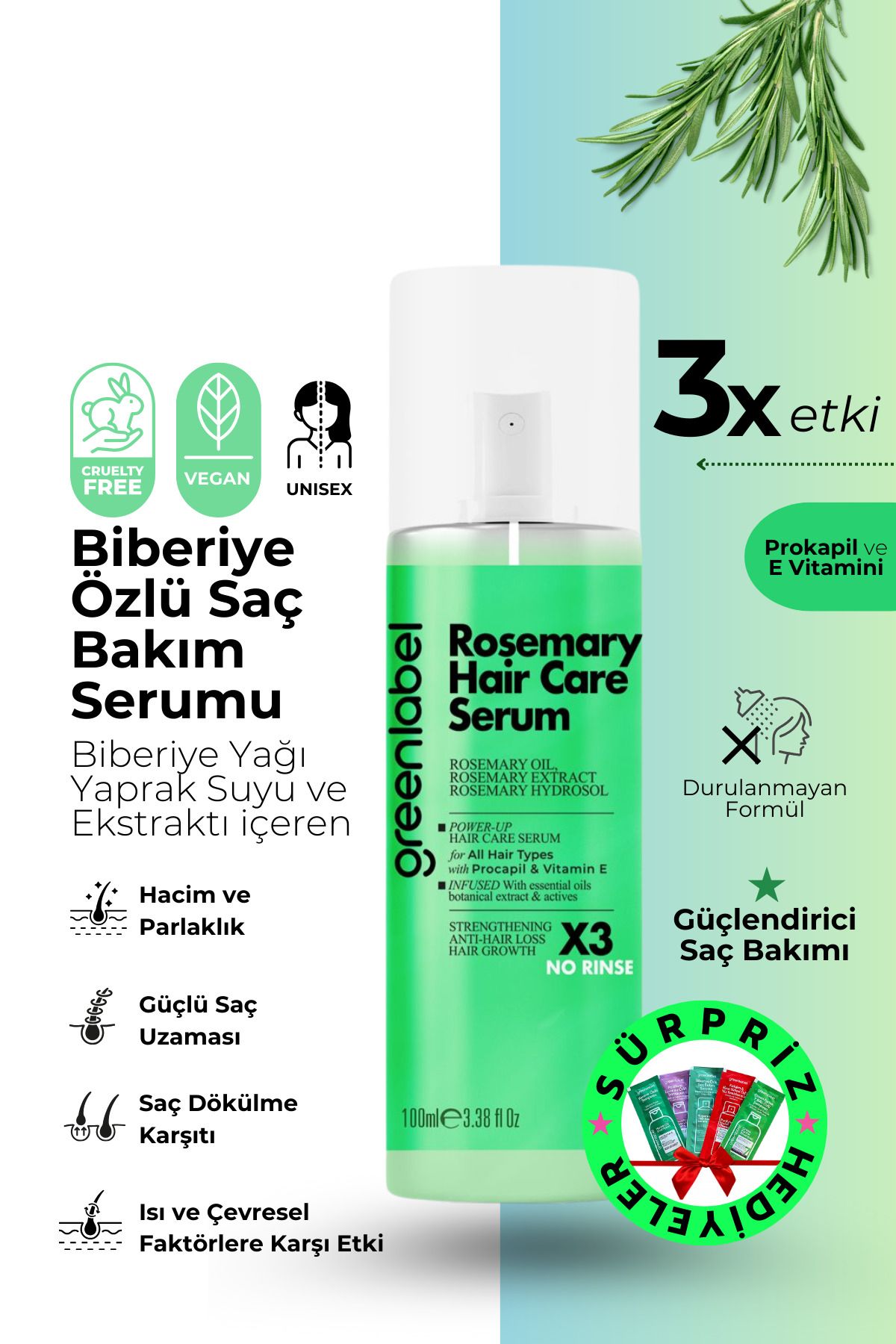 Green Label Biberiye Yaprağı Suyu Ve Özü, Biotin Kafein Ve Prokapil Ile Zenginleştirilen Saç Bakım Serumu 100 ml-1