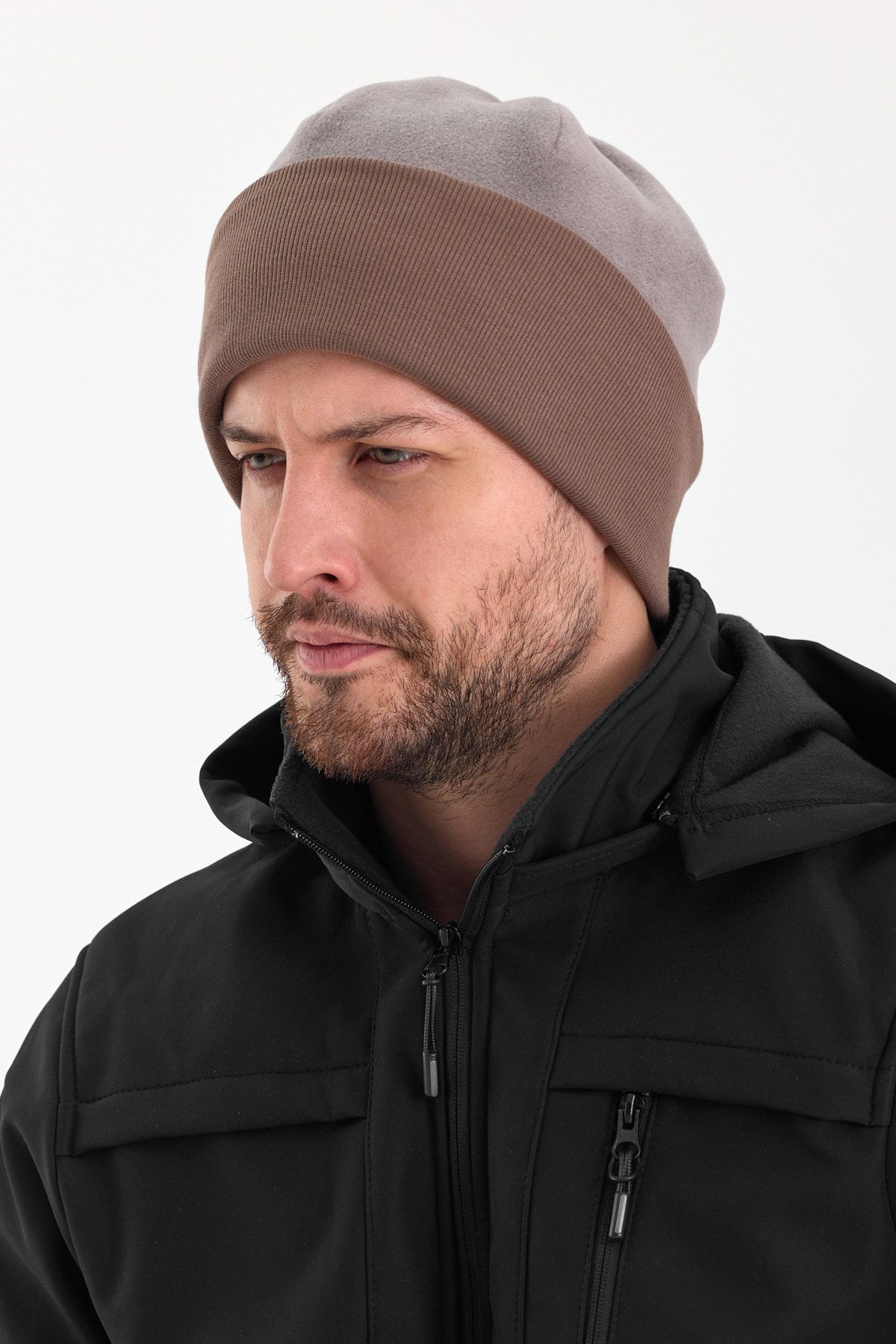 Butikgiz-Men's Gray Fleece Outer, Brown Cotton Inside, Double Color Double Layer Foldable Soft Beanie 7