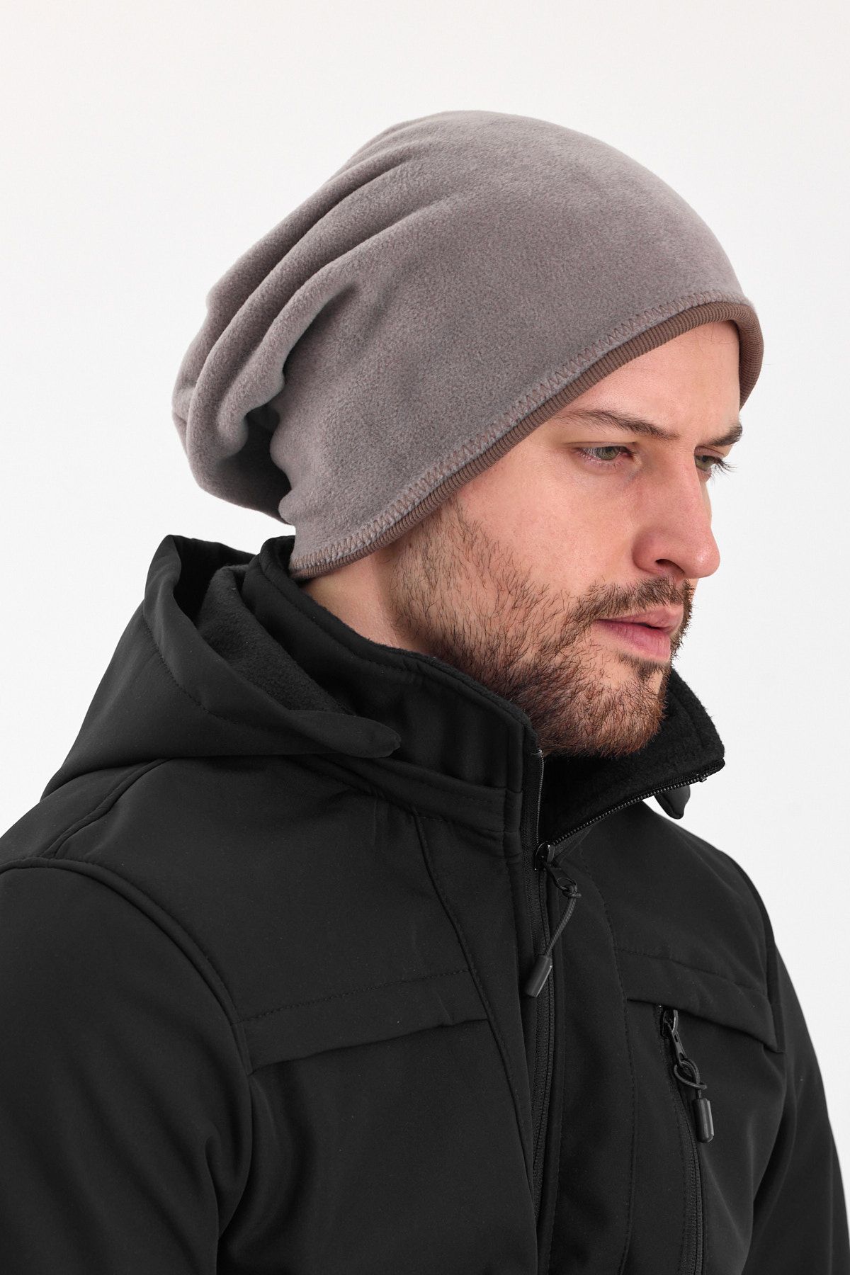 Butikgiz-Men's Gray Fleece Outer, Brown Cotton Inside, Double Color Double Layer Foldable Soft Beanie 4